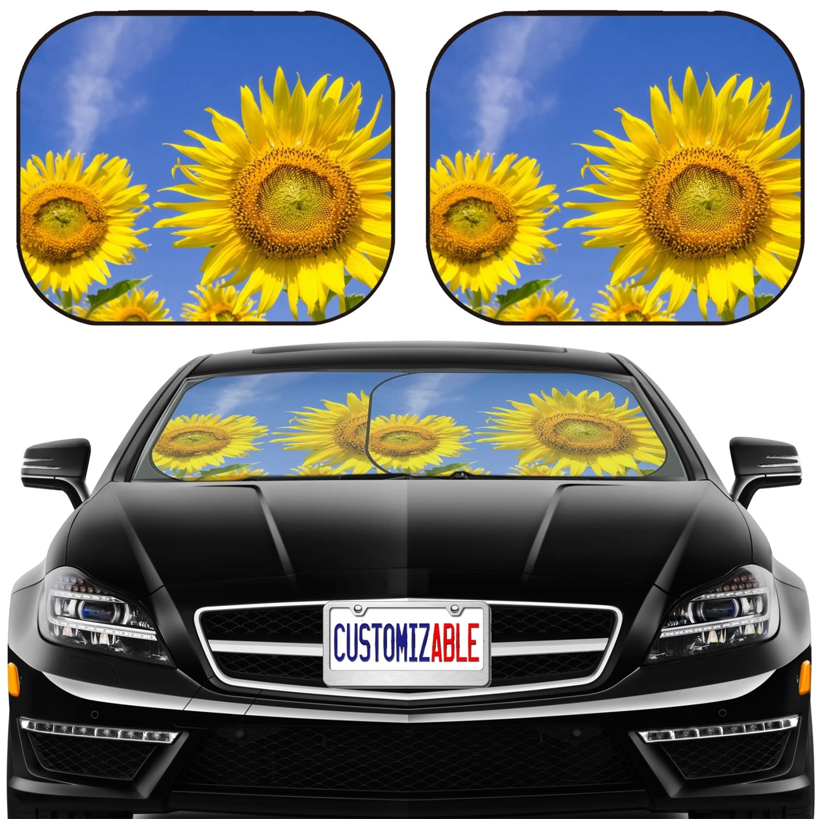 Universal Fit MSD Car Sun Shade Windshield Sunshade 2 Pack - Blocks Sun Glare, UV Rays & Heat, Protects Car Interior (Sunflower Garden Design) - Perfect for Summer Parking & Interior Protection