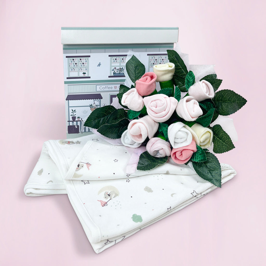 Welcome Baby Clothes Posy with Little Love Baby Wrap - Soft Pink Newborn Swaddle Blanket for Baby Shower Gifts & Newborn Photography