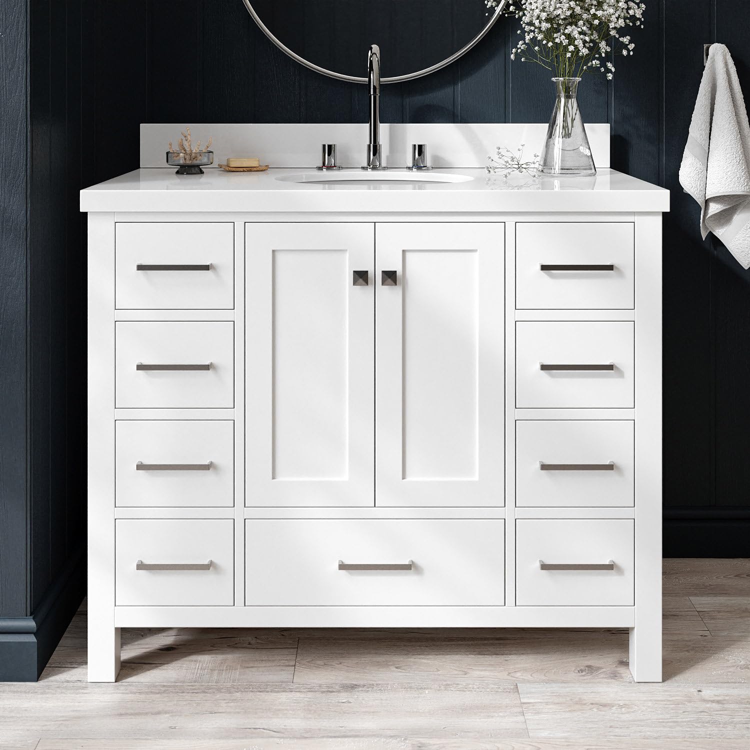 ARIEL Cambridge 43 Inch White Bathroom Vanity with Sink - Solid Wood Cabinet, Quartz Countertop & Oval Undermount Sink - 2 Soft-Closing Doors & 9 Drawers - Perfect for Modern Bathrooms, Master Bath Suites & Powder Rooms