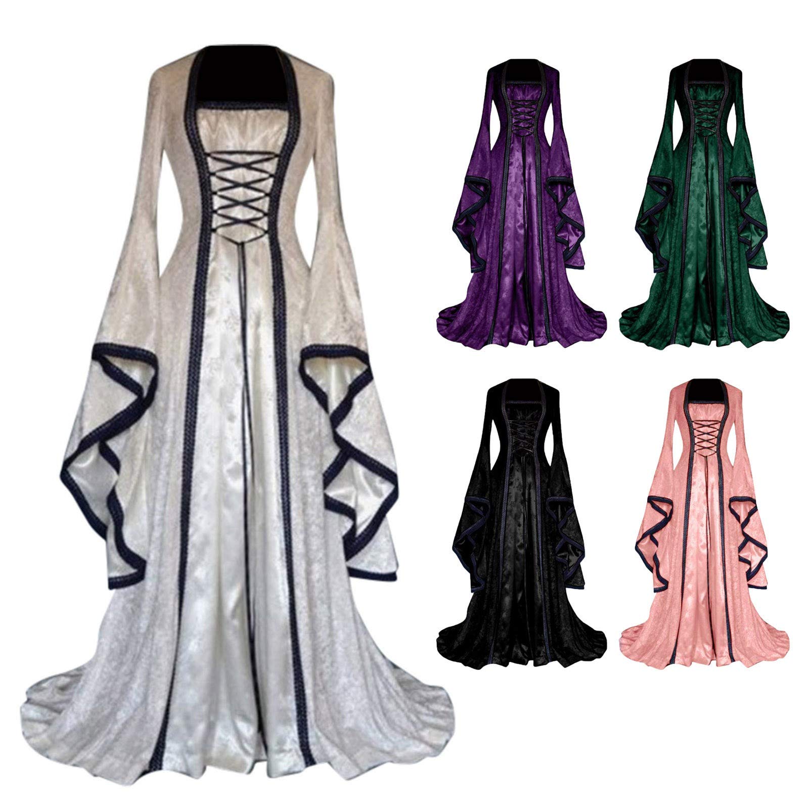 Wirziis Women's Plus Size Renaissance Costume - White & Pink Flare Sleeve Medieval Dress for Halloween, Cosplay & Wedding | Historical Reenactment, LARP & Themed Parties