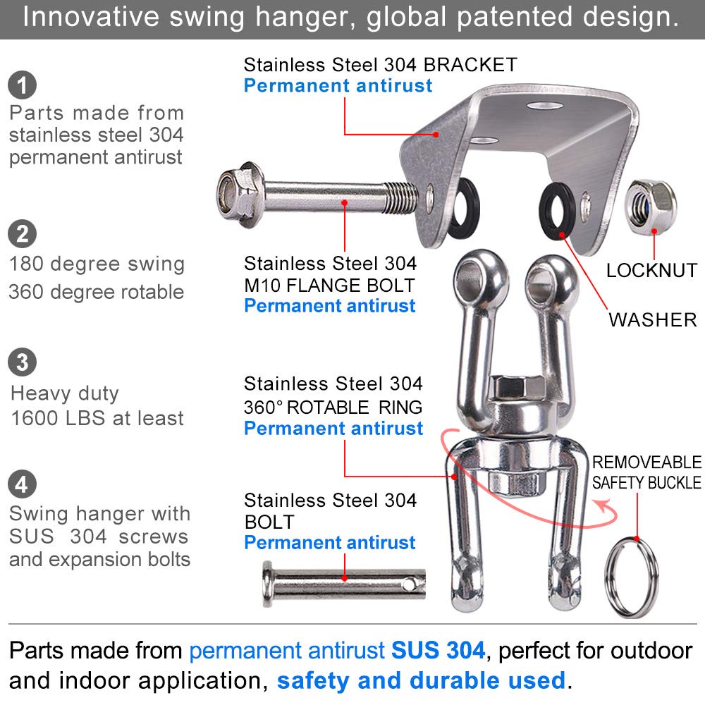 BeneLabel 360° Swivel Ceiling Mount Hanger - Heavy Duty 1000LB Capacity Stainless Steel Swing Hook for Hammock, Yoga Swing, Punching Bag & Hanging Chair - Perfect for Indoor/Outdoor Fitness & Relaxation Spaces