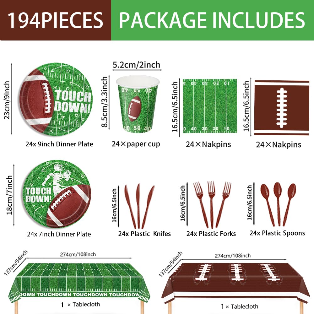 194-Piece Football Party Supplies Set - Disposable Plates, Napkins, Touchdown Paper Cups, Forks & Plastic Tablecloths for 24 Guests - Perfect for Football Birthday Parties, Super Bowl Celebrations & Game Day Decorations