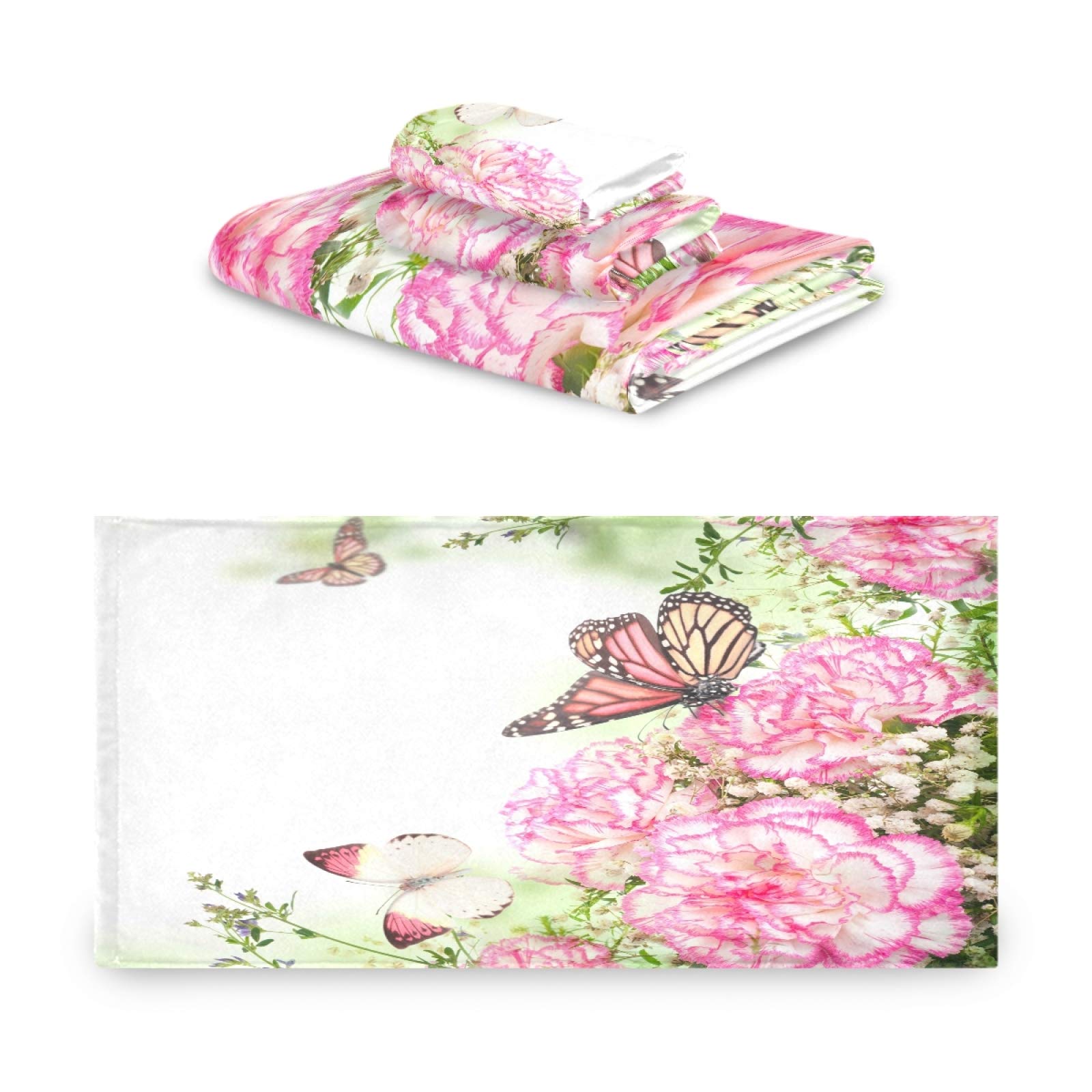 ALAZA Luxury Pink Roses & Butterfly Bath Towel Set - 3 Piece (Bath Towel, Hand Towel, Washcloth) | Soft, Absorbent & Decorative for Bathroom, Hotel, Gym, Yoga & Spa | Perfect Gift for Women & Home Decor