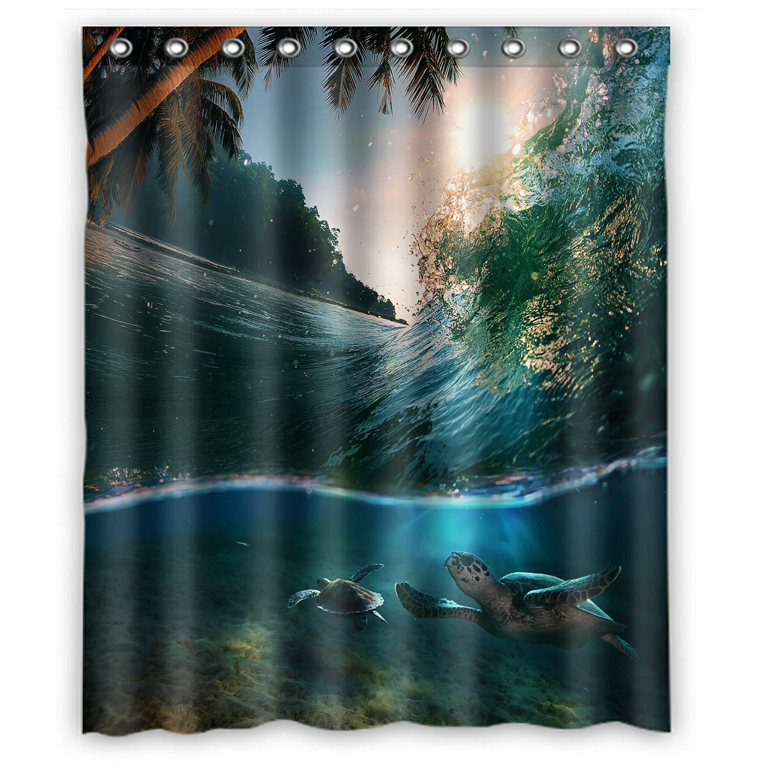 Waterproof Tropical Paradise Ocean Surfing Wave with Two Turtles Shower Curtain - 60x72 Inch Bathroom Decor for Beach Theme, Coastal Home, Vacation Style & Spa Retreat