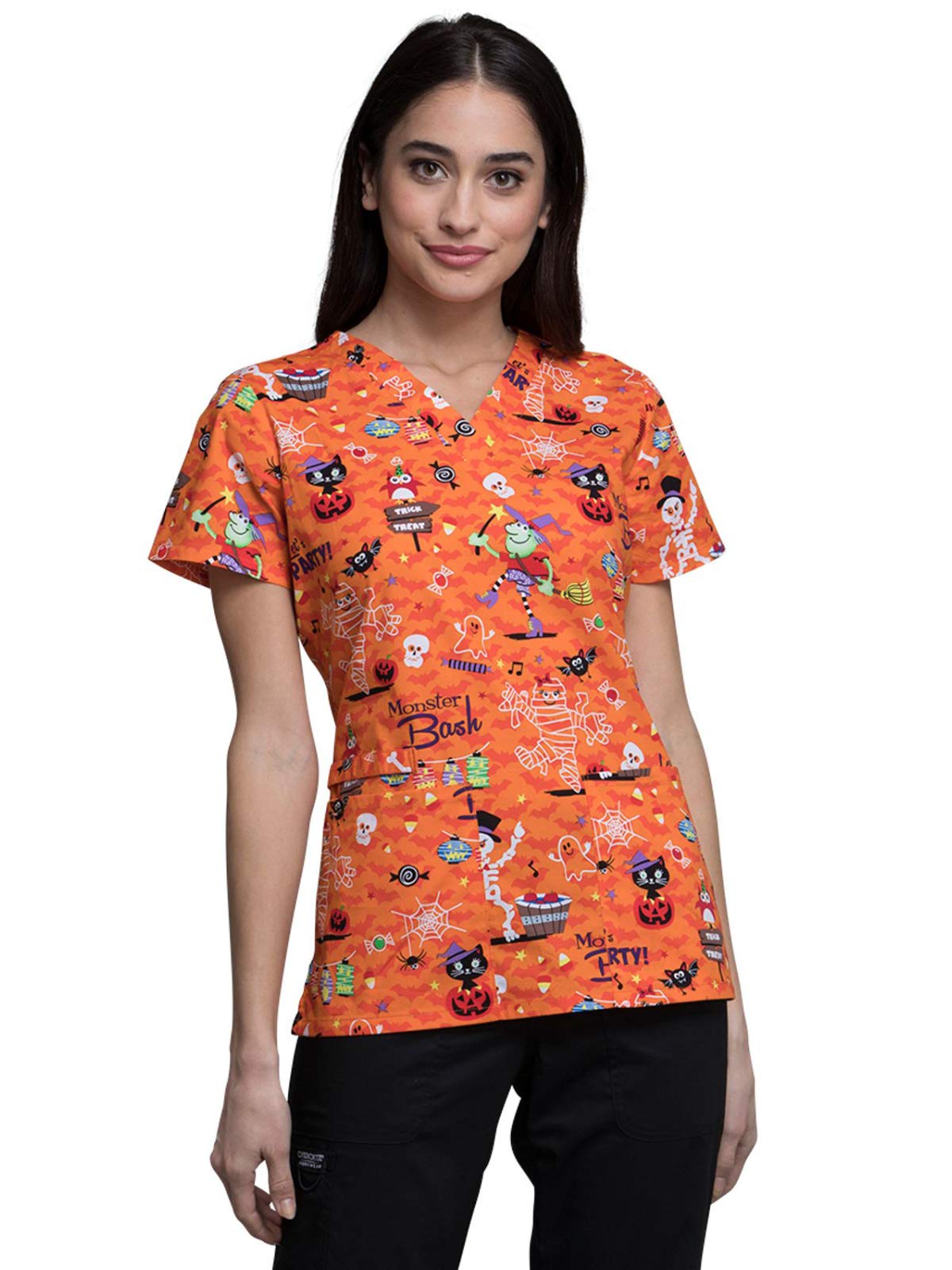 Cherokee Genuine CK616 Women's V-Neck T-Shirt - Party Monster Print, X-Small - Casual & Party Wear for Women, Perfect for Night Out, Club Events & Social Gatherings