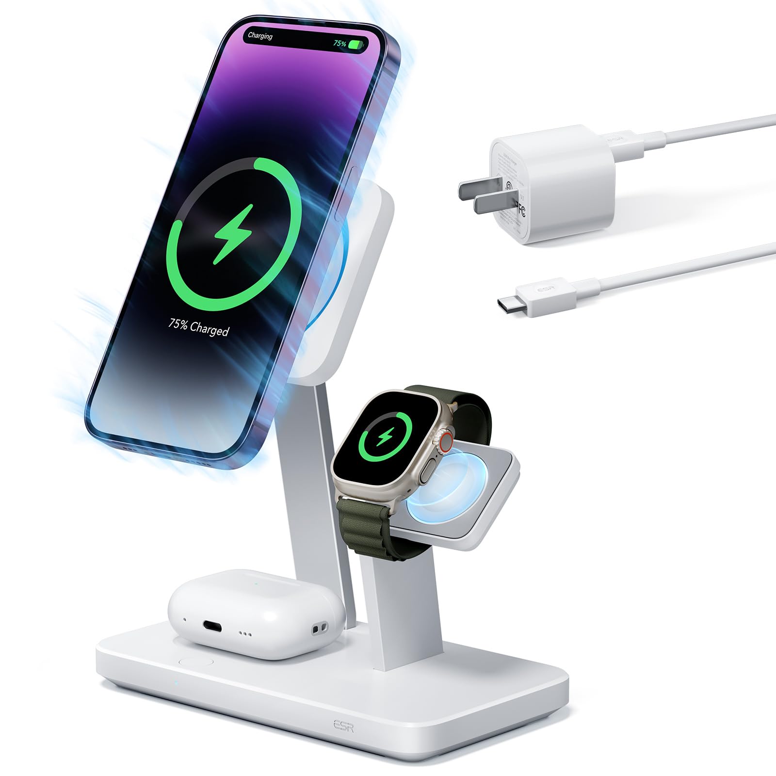 ESR 25W 3-in-1 MagSafe Wireless Charging Stand - Apple Certified Magnetic Charger for iPhone 16/15/14/13/12 & AirPods Pro 4/3/2 - Fast 15W Charging with Phone Cooling - White - Perfect for Home, Office & Travel Use
