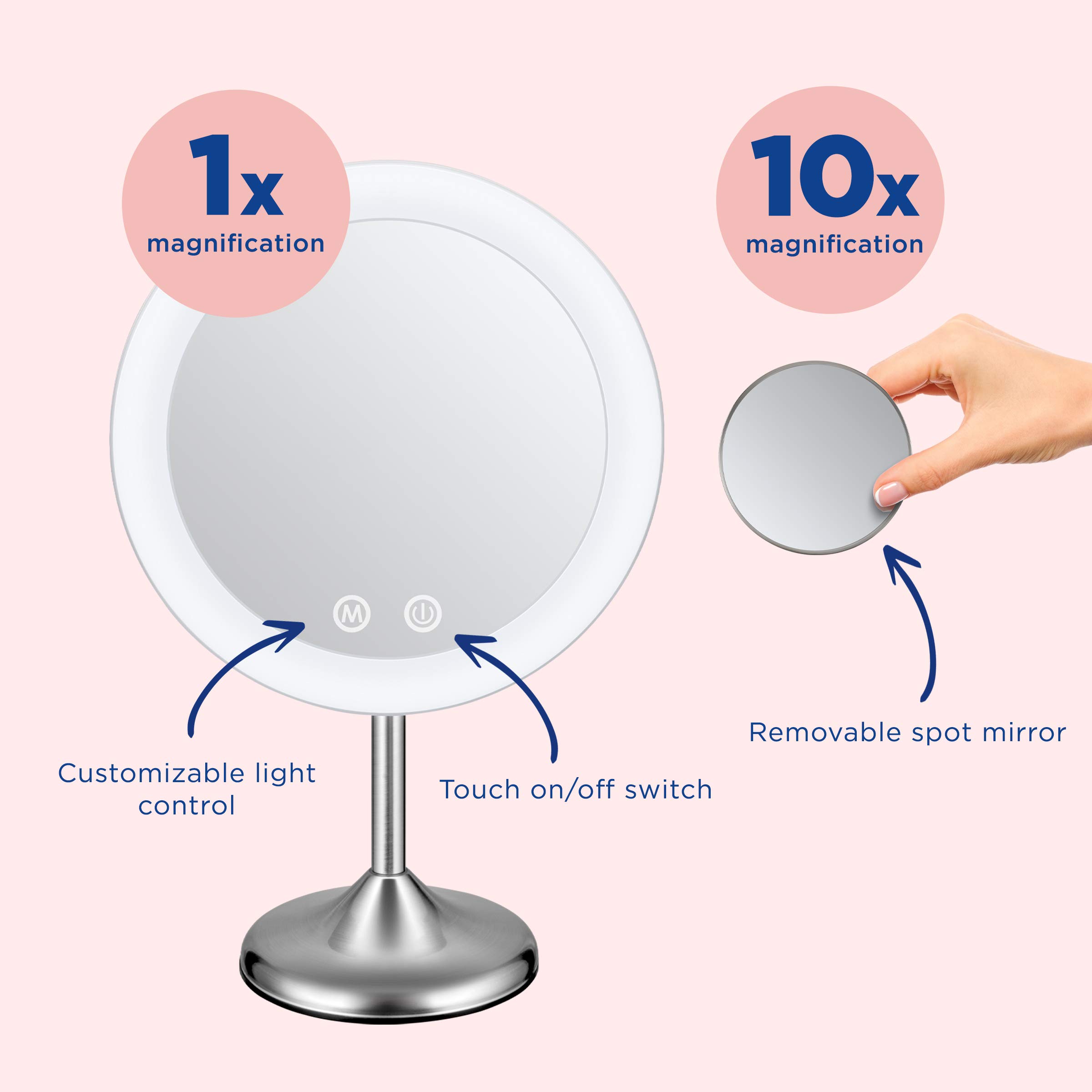 Conair Lighted Makeup Mirror with 10X Magnification - LED Vanity Mirror & Handheld Mirror - 1X/10X Magnifying Mirror - Rechargeable Satin Nickel - Perfect for Makeup Application, Skincare & Travel