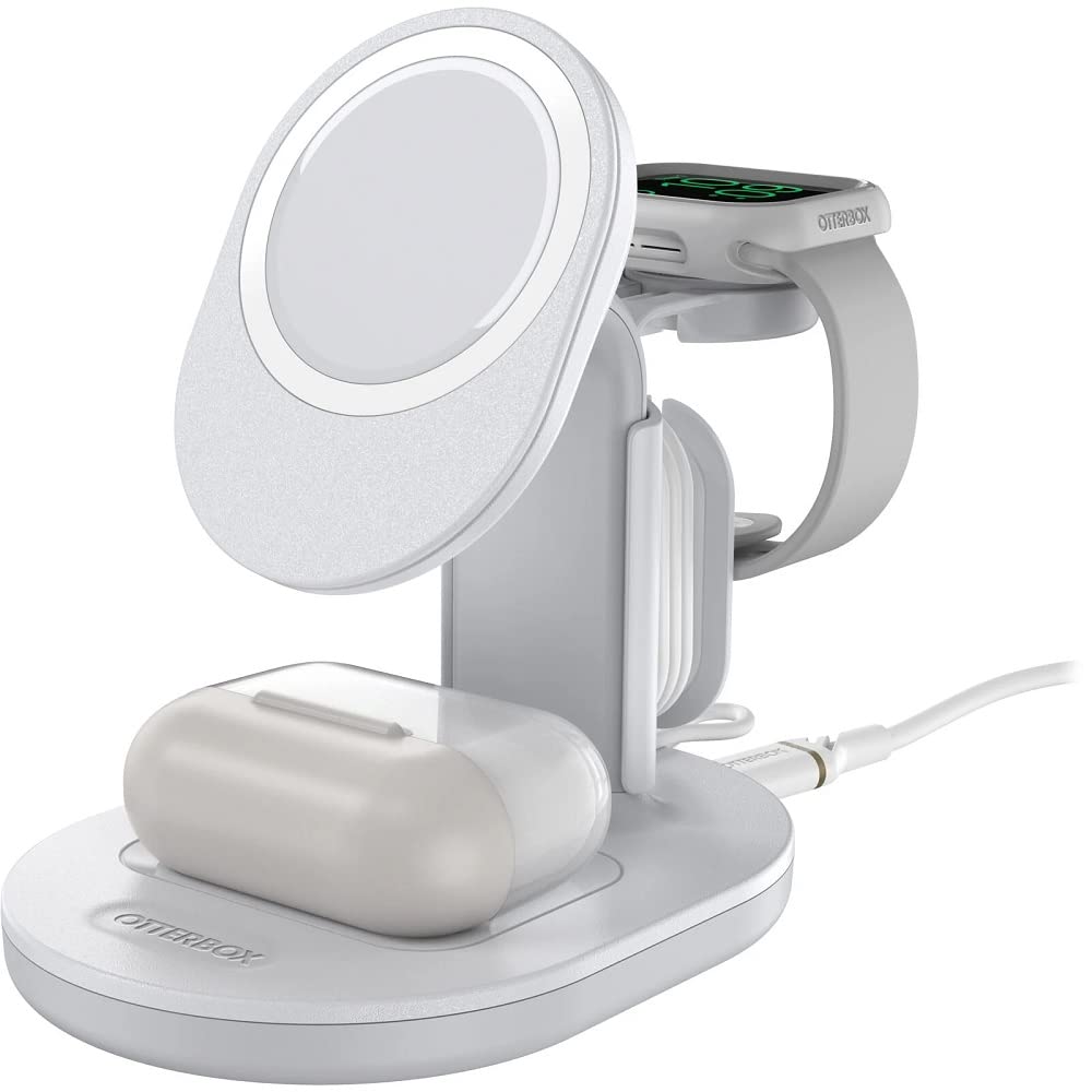 OtterBox 3-in-1 Wireless Charging Station for iPhone MagSafe - Fast Charging Stand for iPhone, AirPods & Apple Watch - Nightstand & Office Desk Charger (White)