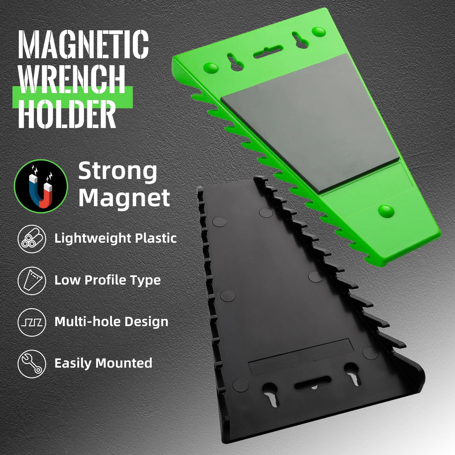 2-Pack Magnetic Wrench Organizer Set - Heavy Duty ABS Tool Holder with 24 Slots for SAE & Metric Wrenches (Green & Black) - Perfect for Toolbox, Garage, Workshop & Mechanic Tool Organization