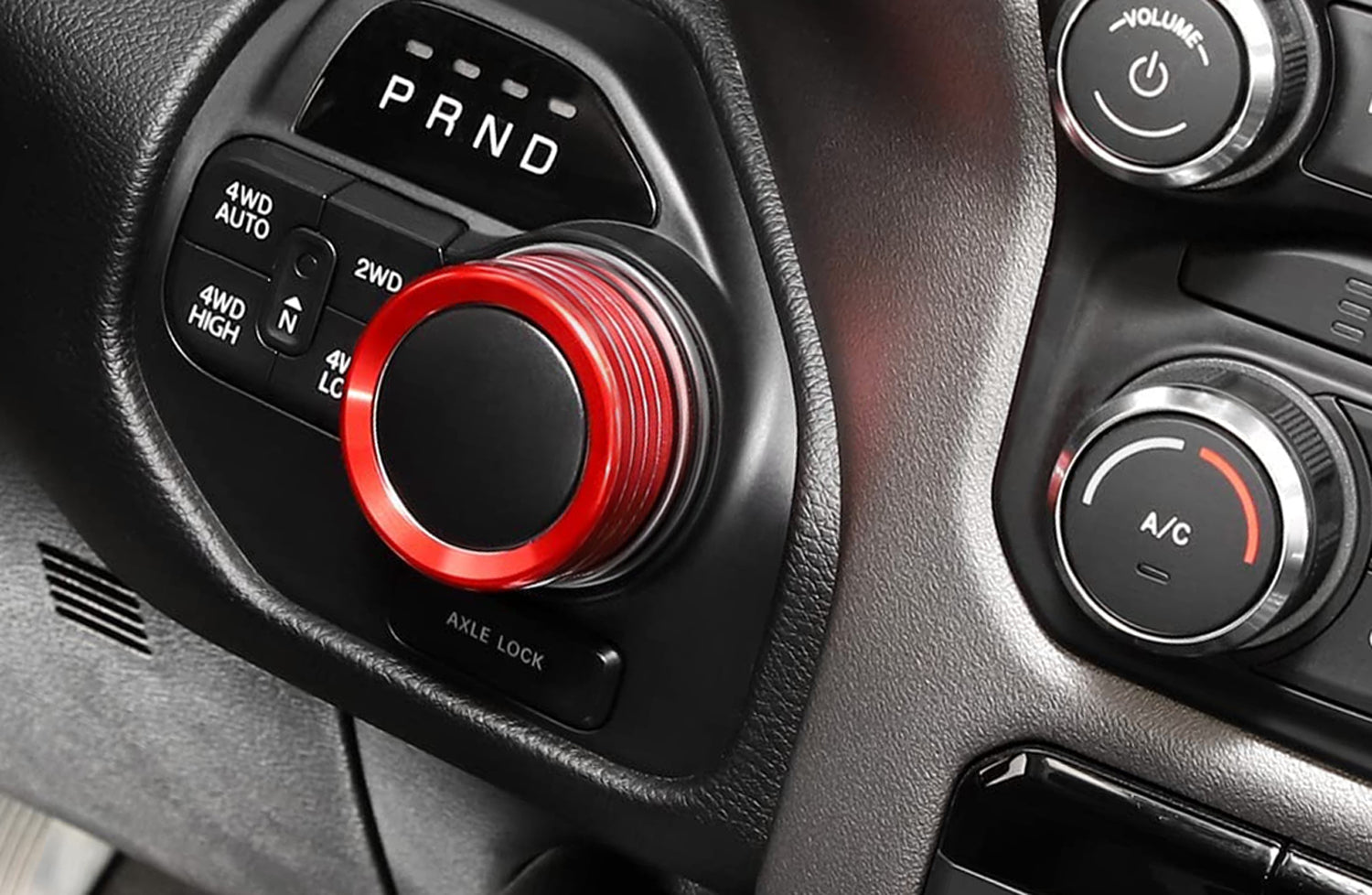 2-Piece Red 2WD/4WD Selector & Headlight Switch Knob Cover Trim for 2019+ RAM Trucks - Off-Road & Night Driving Accessories