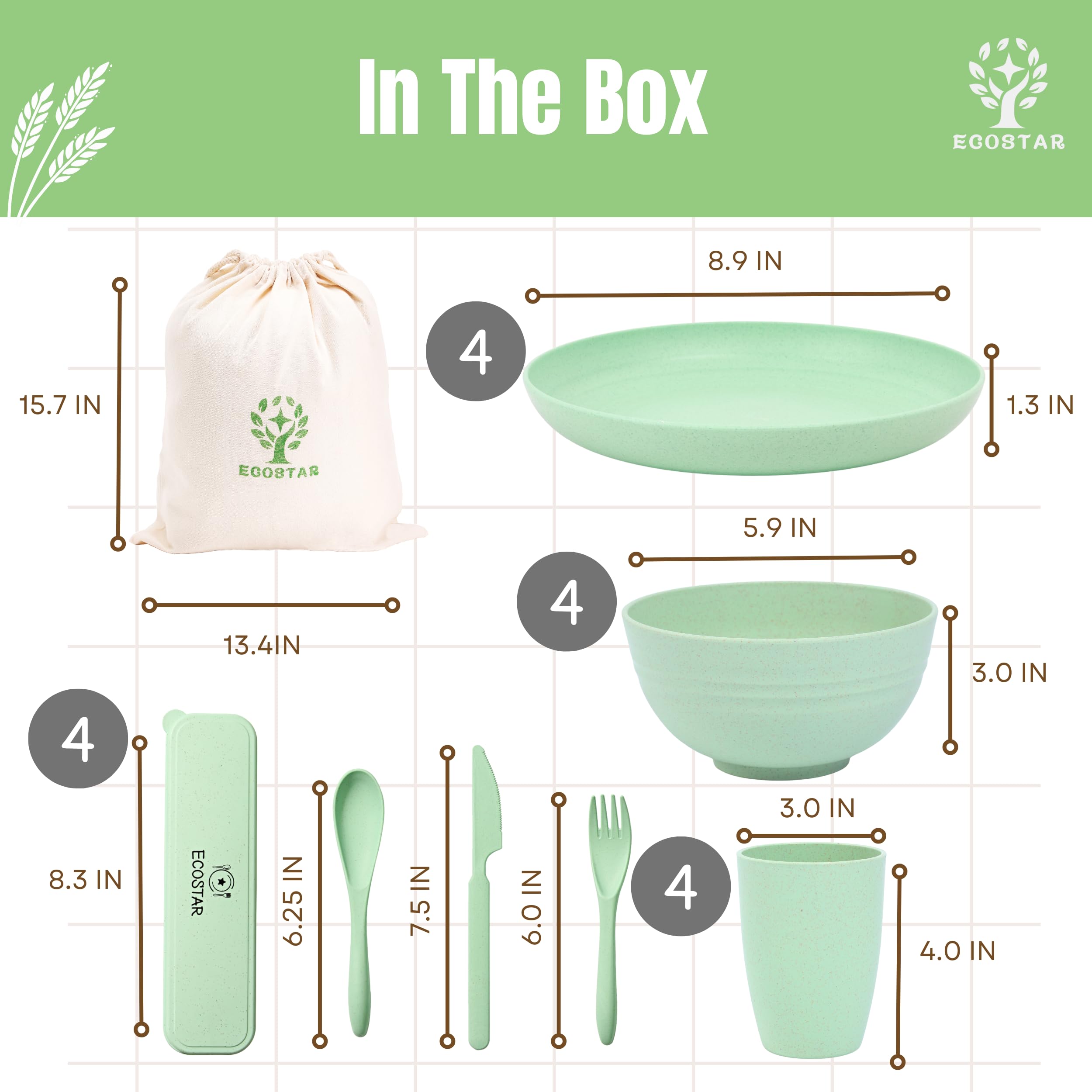 ECOSTAR Wheat Straw Dinnerware Set - Unbreakable Plates, Bowls & Cups | Reusable, Dishwasher & Microwave Safe | Eco-Friendly Tableware for Parties, Picnics & Daily Use (Green)
