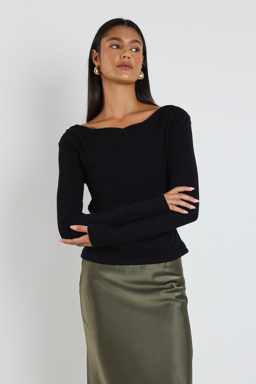 Alley Black Rib Asymmetric Neck Top - Women's Fashion Chic Blouse for Night Out & Party Wear