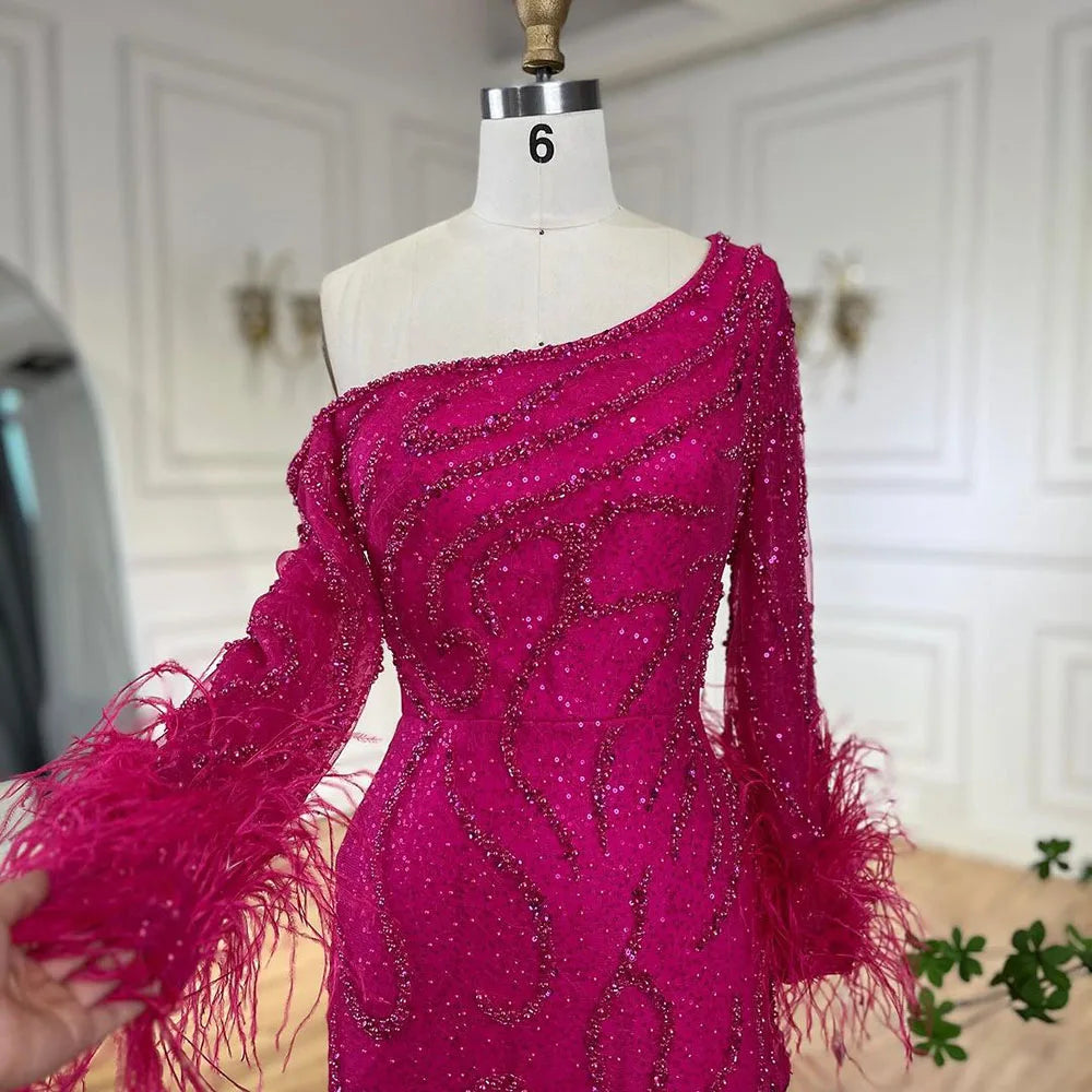 Elegant Blue Mermaid One-Shoulder Beaded Feather Evening Gown for Women | Luxury Wedding Party Dress 2025 | Perfect for Formal Events, Prom, Red Carpet & Special Occasions