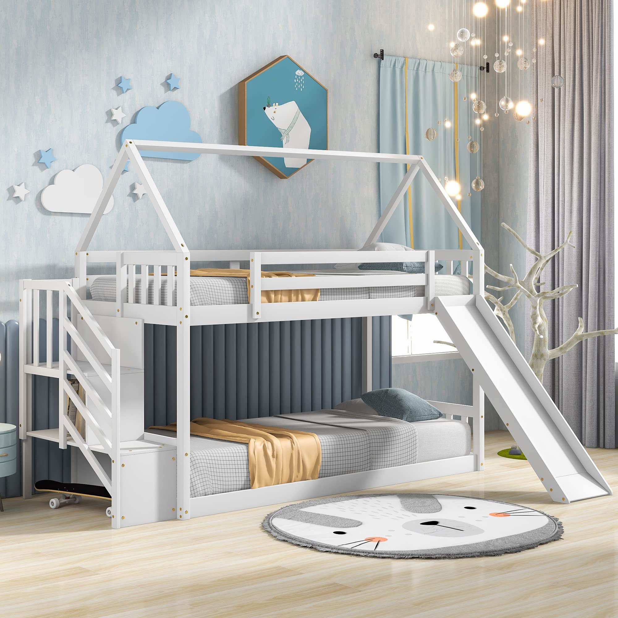 Low Twin Over Twin Bunk Bed with Slide & Stairs - Solid Wood Kids Bunk Bed with Roof - Space-Saving Bedroom Furniture for Boys & Girls - Perfect for Small Rooms, Shared Kids' Bedrooms & Sleepovers