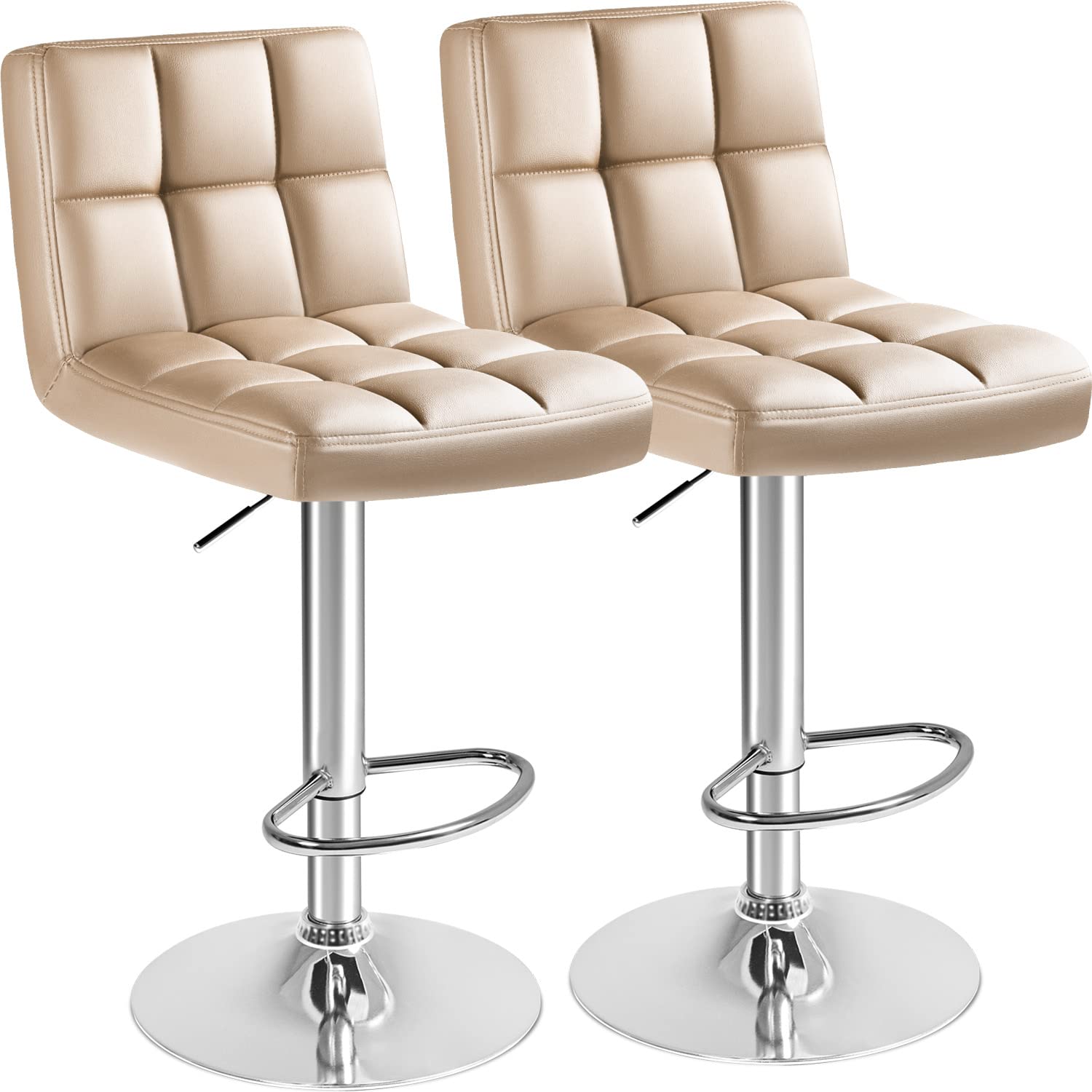 Furmax Modern PU Leather Swivel Adjustable Hydraulic Bar Stools - Set of 2 Counter Height Stools (Khaki) for Kitchen Island, Breakfast Bar & Home Pub Decor