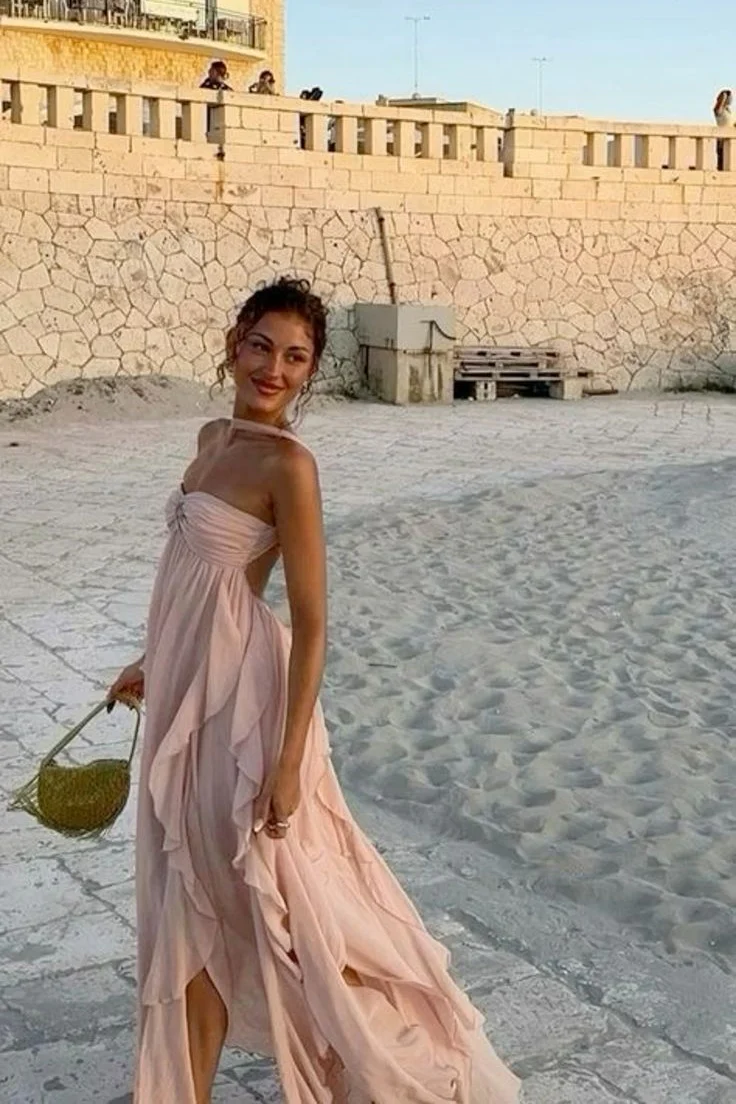 Elegant A-Line Halter Pink Long Prom Dress with Ruffles - J6580 | Perfect for Homecoming, Formal Dances & Special Occasions