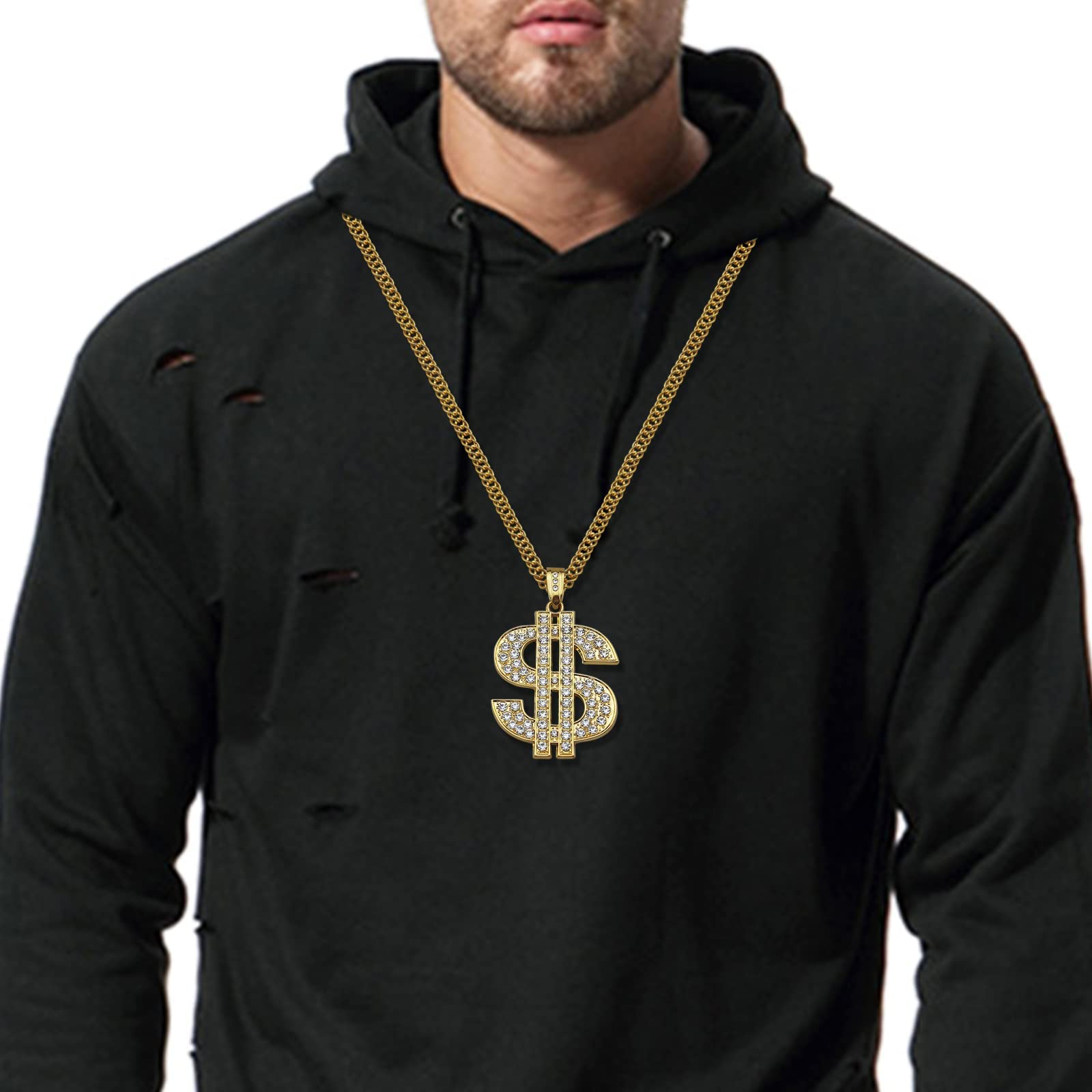 Gold Plated Hip Hop Chain with Crystal Dollar Sign Pendant Necklace for Men - 31.5 Inch Money Charm Necklace | Perfect for Streetwear, Rap Performances & Bold Fashion Statements