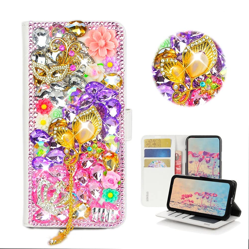 STENES Bling Wallet Phone Case for iPhone 7 Plus/8 Plus - 3D Handmade Floral Leather Cover with Screen Protector & Lanyard - Stylish Women's Accessory for Parties, Dating & Everyday Use - Pink