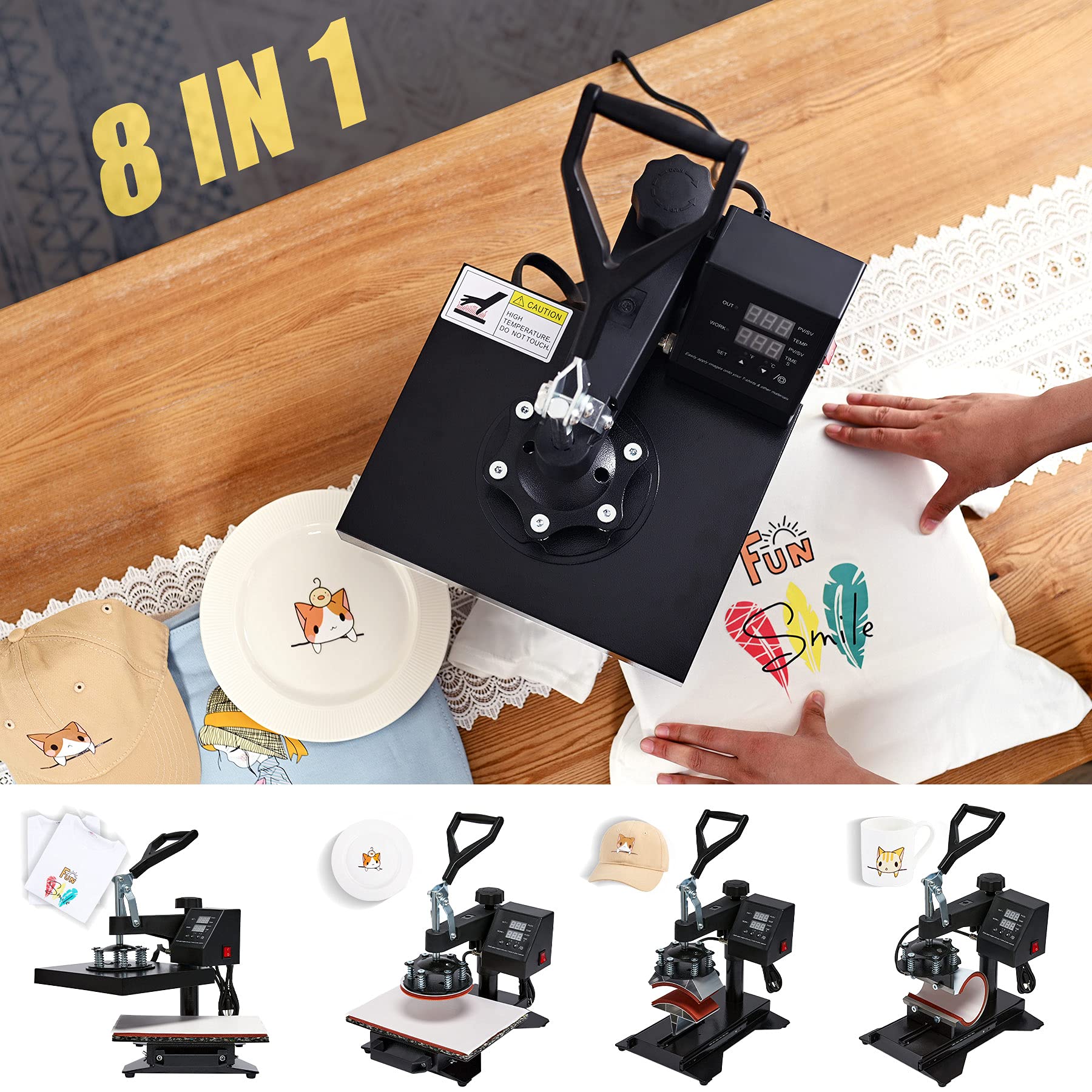 LETRA 12x10 Inch 8-in-1 Heat Press Machine - 360° Multifunctional Industrial T-Shirt Press for Mugs, Hats, Plates & Caps | Perfect for DIY Custom Apparel, Sublimation Printing & Small Business Use