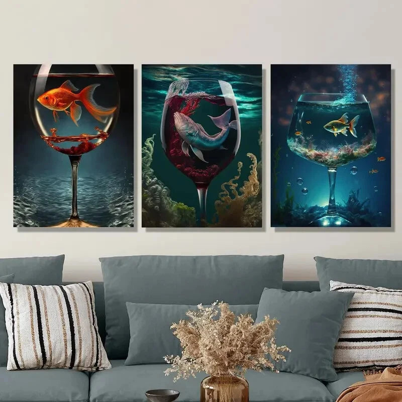 3pcs Aquarium in a Cup - Vibrant Fish Poster Metal Print Artwork Ready to Hang | Perfect for Home Decor, Office Wall Art & Gift Ideas