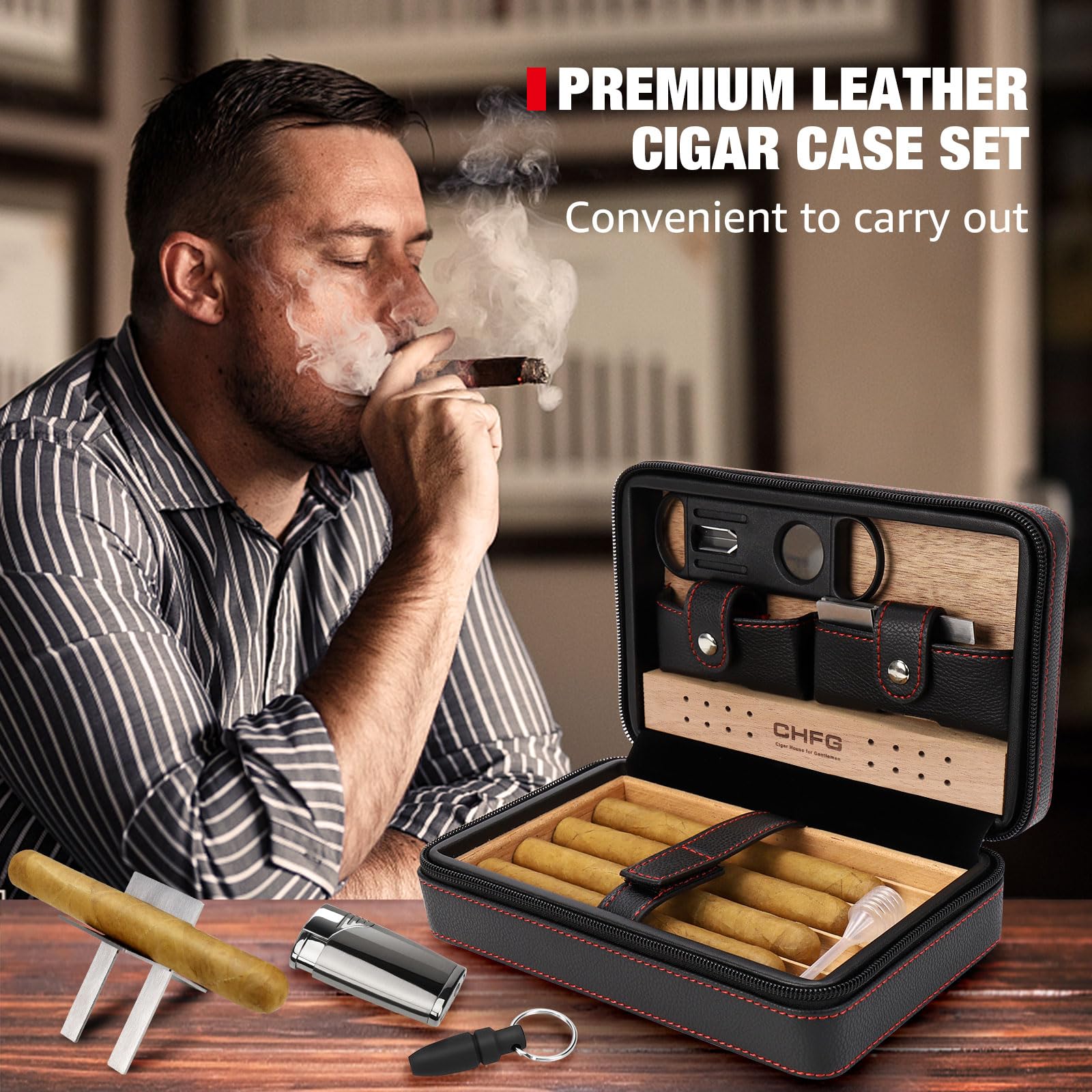 Premium Leather Cigar Case with Cedar Wood Travel Humidor - Portable Cigar Box Set Includes Cigar Lighter Accessories (Holds 4 Cigars) - Perfect Gift for Men & Cigar Enthusiasts - Ideal for Travel, Business Gifts & Special Occasions (Black)