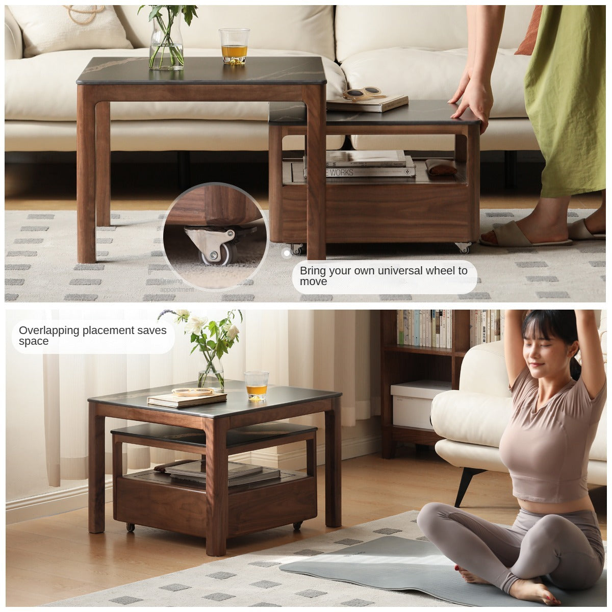 Modern Black Walnut Solid Wood TV Stand with Slate Top - Perfect for Living Room, Home Theater & Entertainment Center Storage