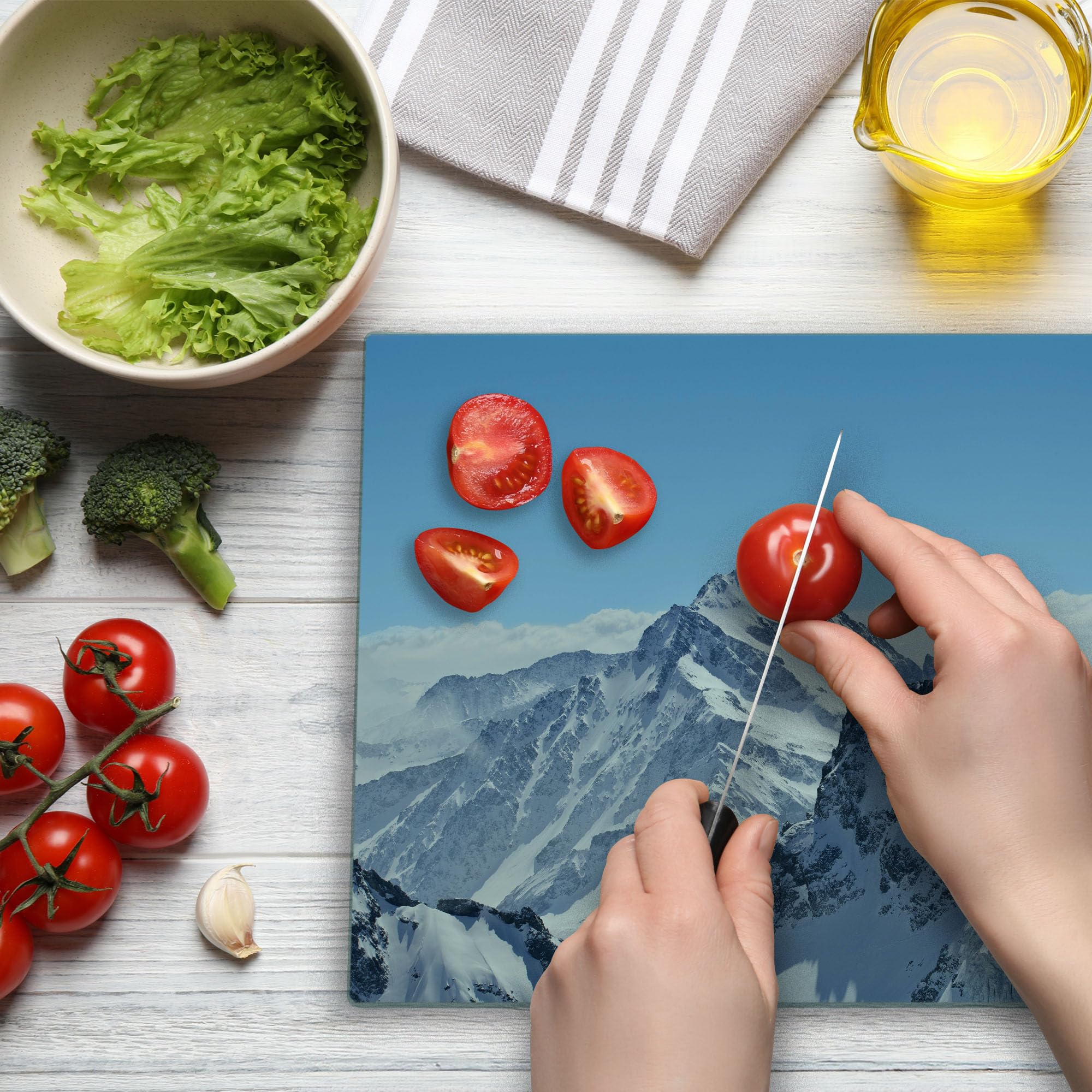 Ambesonne Winter Themed Tempered Glass Cutting Board - Snowy Rocky Mountain Peaks Landscape Design - Large White & Blue Decorative Serving Board for Cheese, Charcuterie & Holiday Entertaining - Durable Kitchen & Dining Accessory for Christmas, Winter Parties & Home Decor