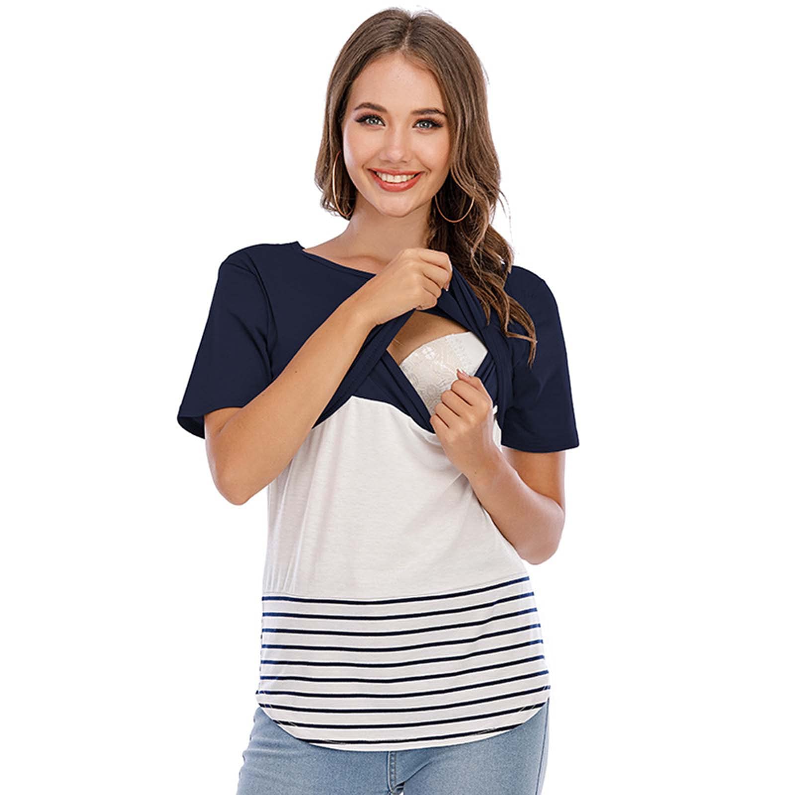 LIUguoo Women's Maternity Shirts - Short Sleeve Nursing Tops with Stripe Patchwork Design, Breathable Summer Breastfeeding Blouses & Flowy Tunic Tops for Pregnancy, Nursing, and Casual Outings