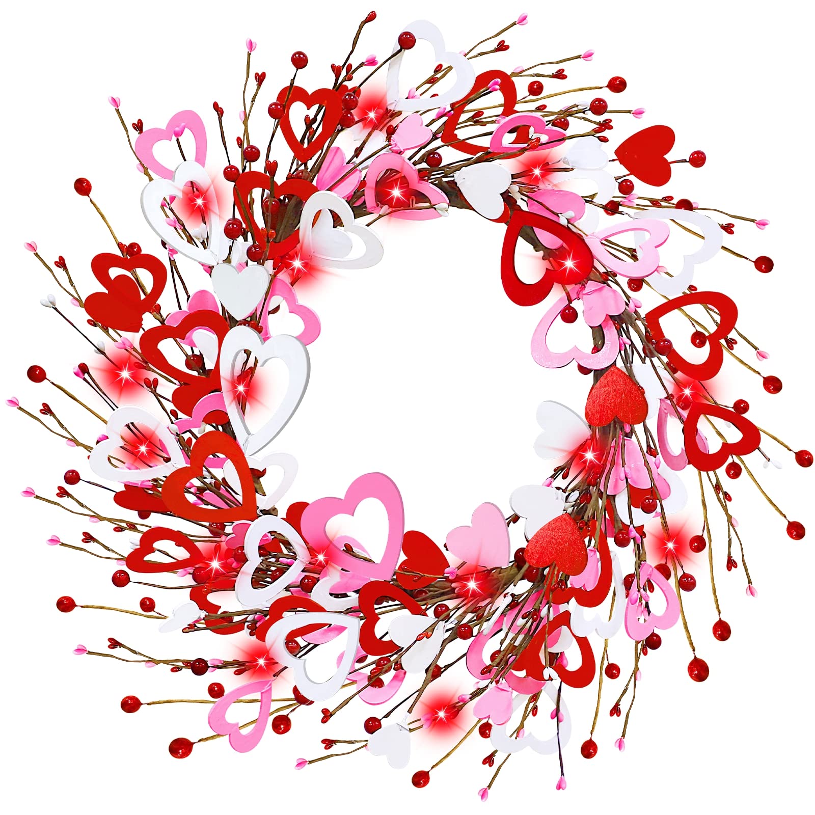 Valentine's Day Wreath with 20 Red LED Lights & 220 Red Berries - Battery Operated Front Door Decor for Home, Wedding, Indoor & Outdoor - Romantic Valentine's Gifts for Couples, Anniversary & Holiday Decorations