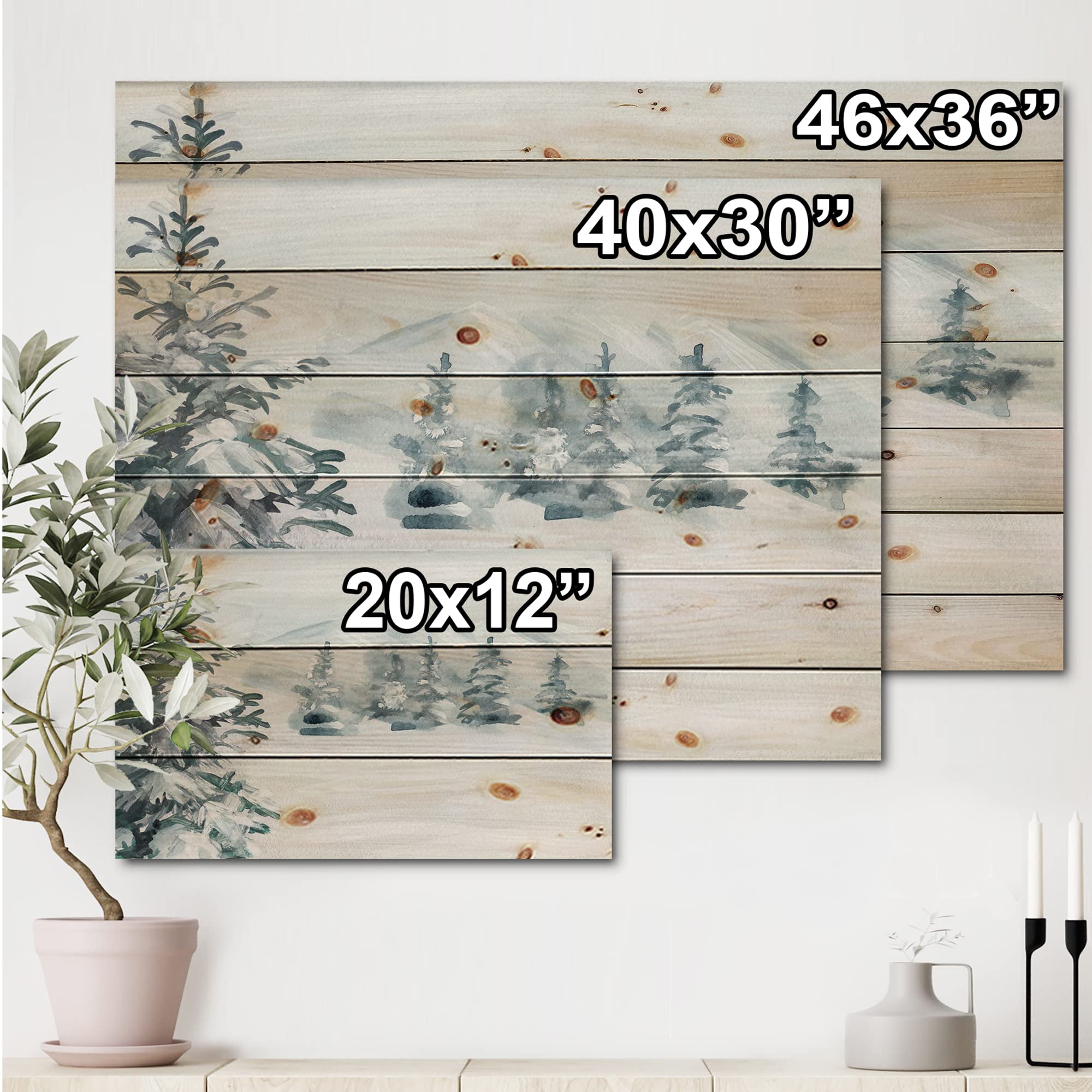DesignQ Snowy Pine Trees Wood Wall Art - Traditional Blue Landscape Decor, Large Natural Pine Wood Wall Panels - Perfect for Living Room, Bedroom & Office Decor