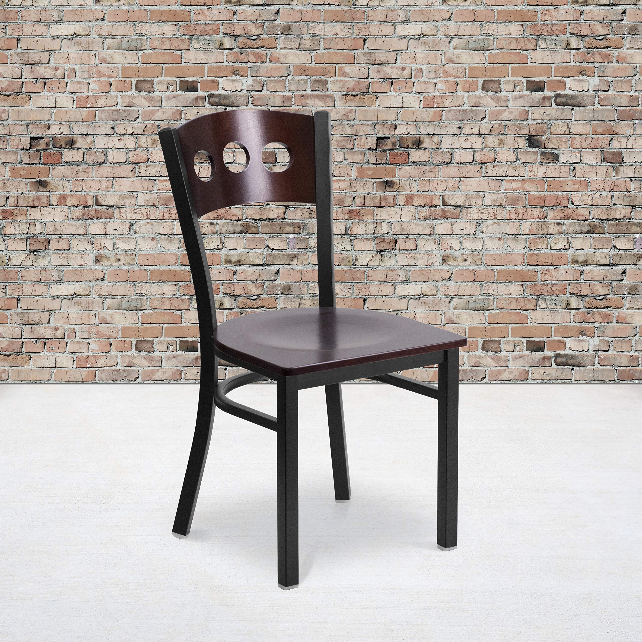 2 Pack Black Metal Restaurant Chairs with 3 Circle Back Design & Walnut Wood Seat - Modern Dining Chairs for Kitchen, Cafe, Bistro, and Home Decor