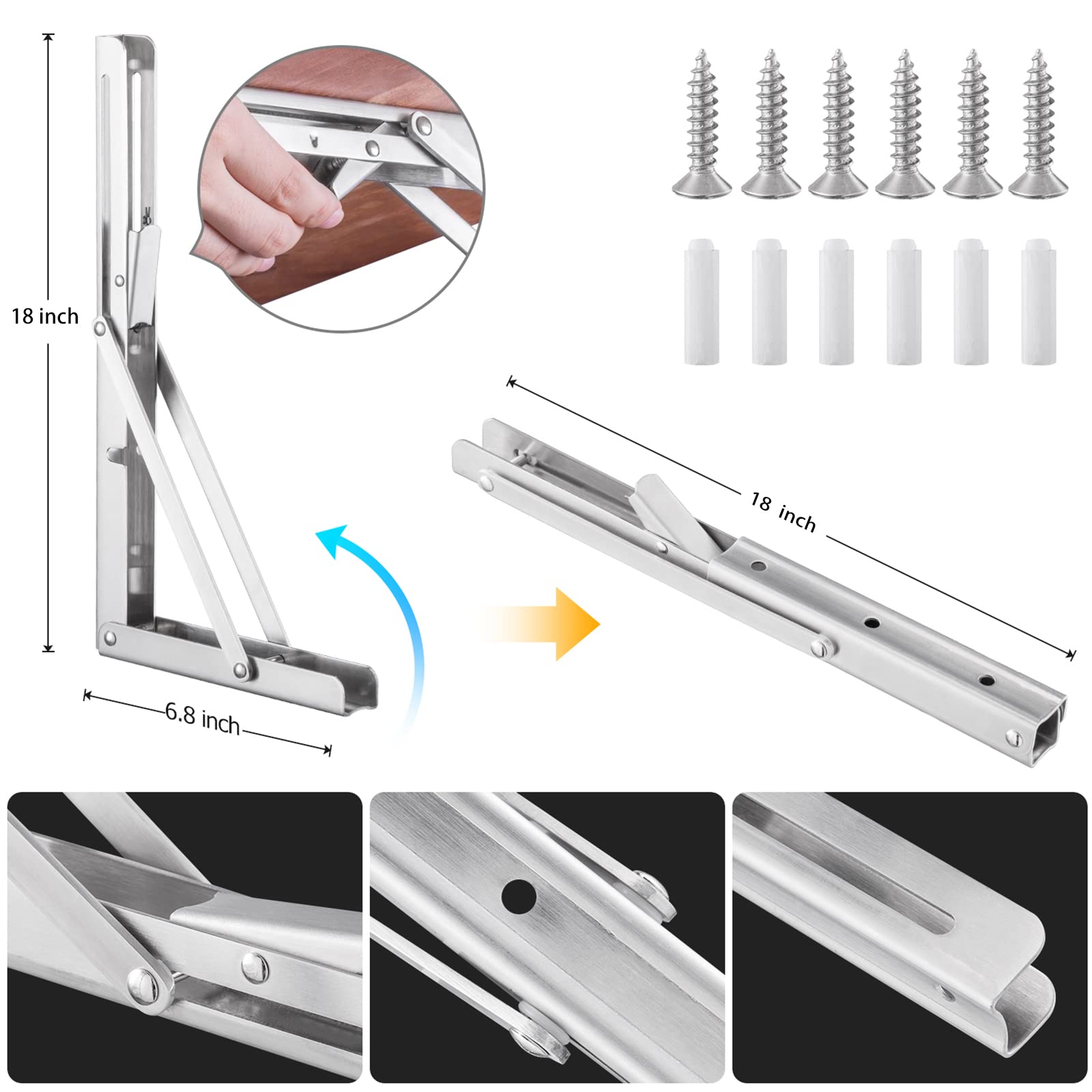 PYNSSEU 18 Inch Heavy Duty Stainless Steel Folding Shelf Brackets - 2 Pack Wall Mounted Collapsible Brackets for DIY Tables, Workbenches & Shelves | Space Saving Solution for Kitchen, Garage, Laundry Room & Home Office Organization