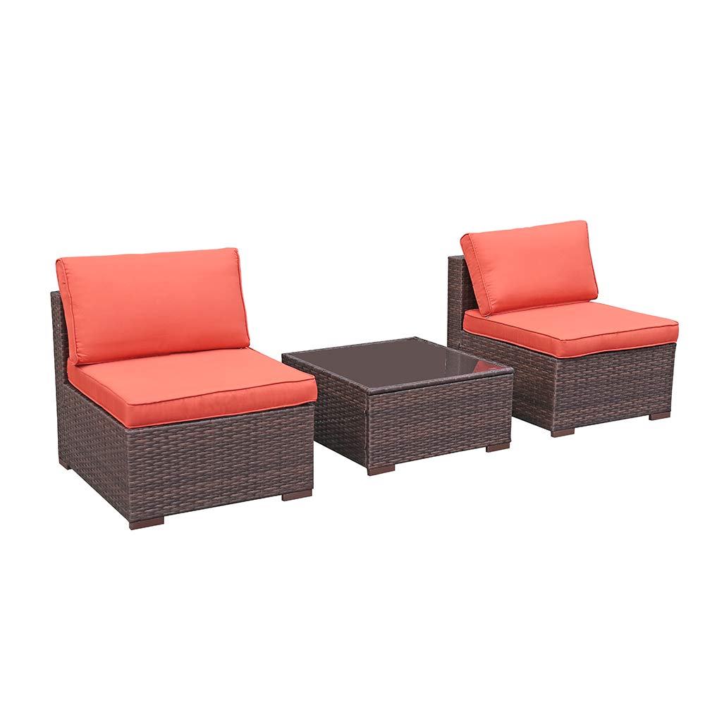OC Orange-Casual 3-Piece Patio Sectional Set - Outdoor Wicker Sofa, Armless Chair & Coffee Table with Orange Cushions (Brown Wicker) - Perfect for Backyard, Garden or Poolside Relaxation