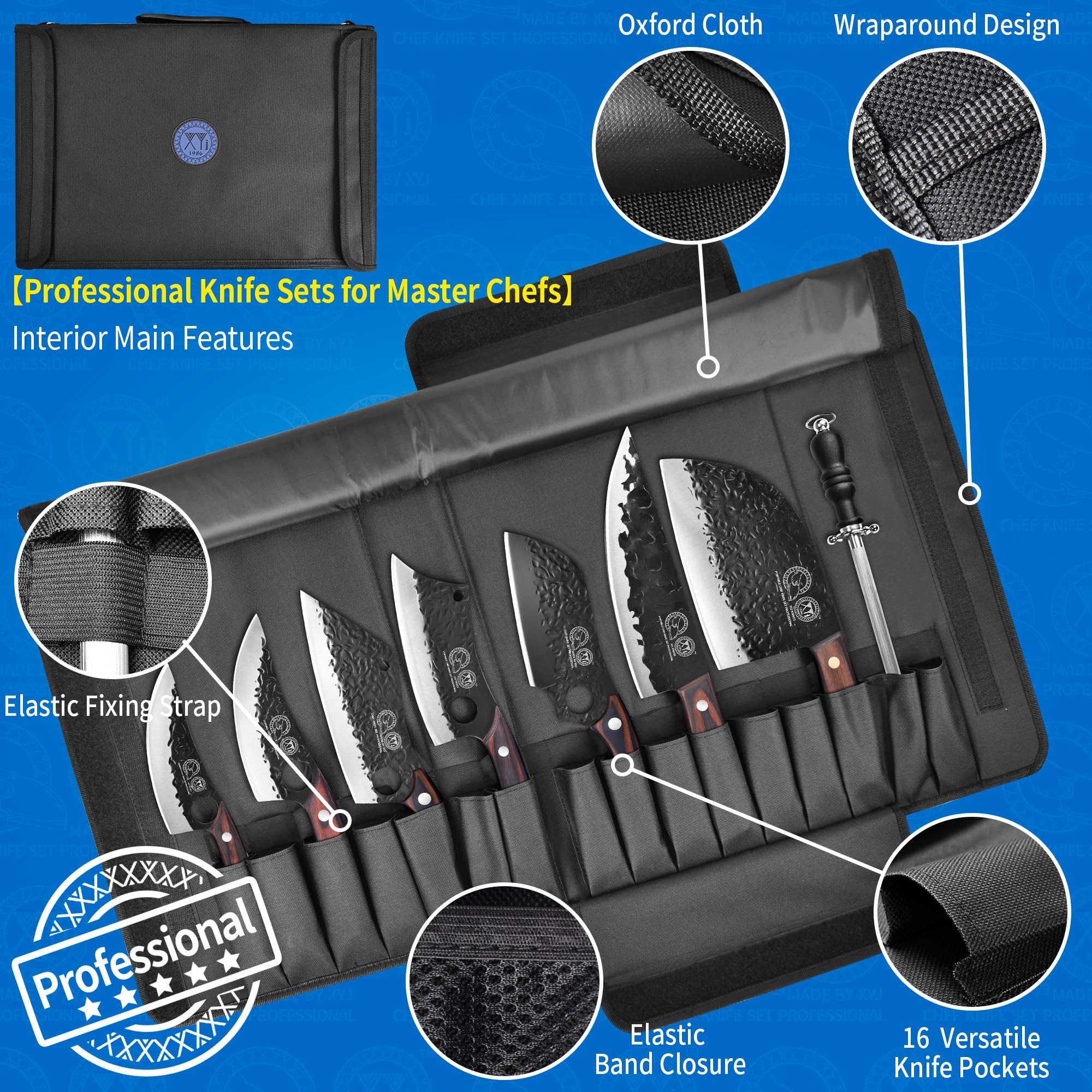 XYJ 7-Piece Premium Camping Knife Set with Roll Bag, Sheath & Sharpener - Full Tang Chef, Boning & Butcher Knives for Outdoor Cooking & Survival - Perfect for Camping, Hunting & BBQ Prep