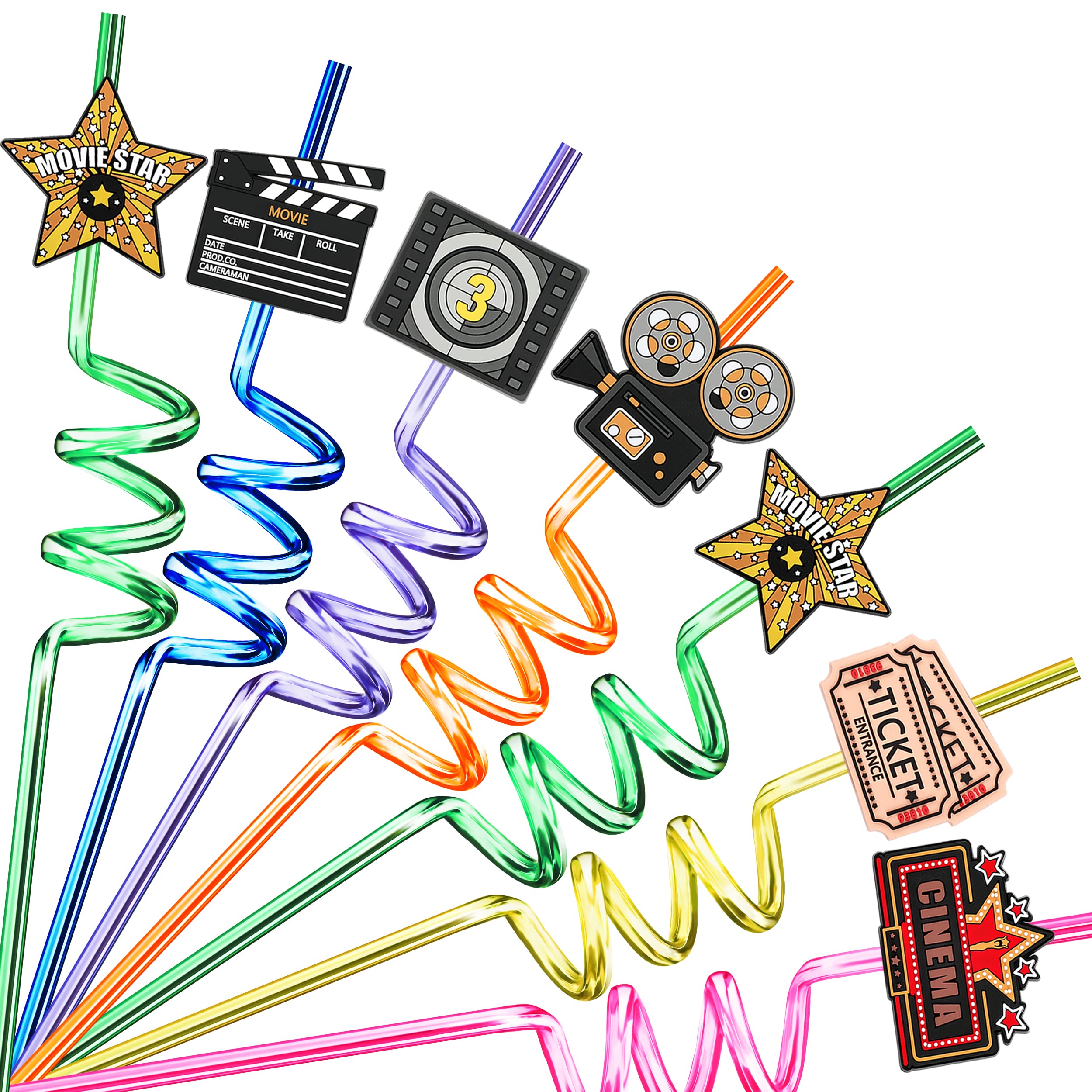 24pcs Movie Night Party Favors & Decorations - Fun Plastic Crazy Straws for Hollywood Themed Parties, Birthday Celebrations & Movie Nights - Perfect for Themed Events, Home Theater Nights & Kids' Birthday Decor