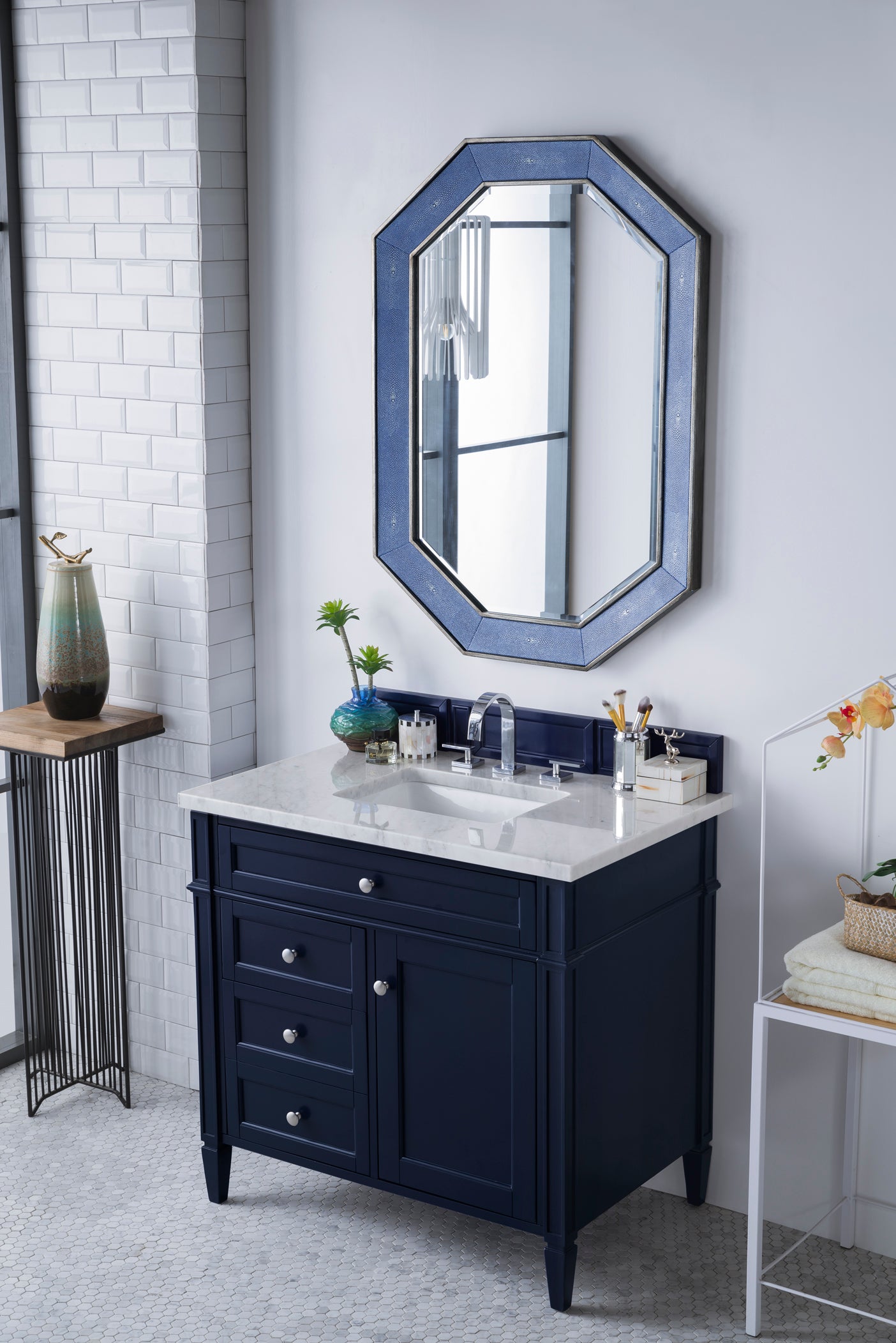 Brittany 36 Inch Single Bathroom Vanity with 3CM Carrara Marble Top in Victory Blue - Perfect for Modern Master Bathrooms & Powder Rooms