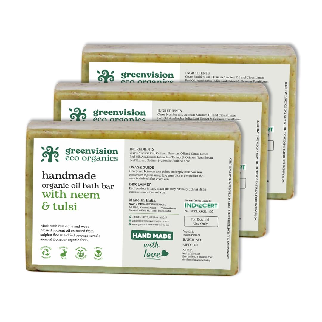 Greenvision Eco Organic Handmade Neem & Tulsi Oil Bath Bar - 100g (3 Pack) | Natural Skin Care for Dry & Sensitive Skin | Perfect for Spa, Relaxation & Gift Sets