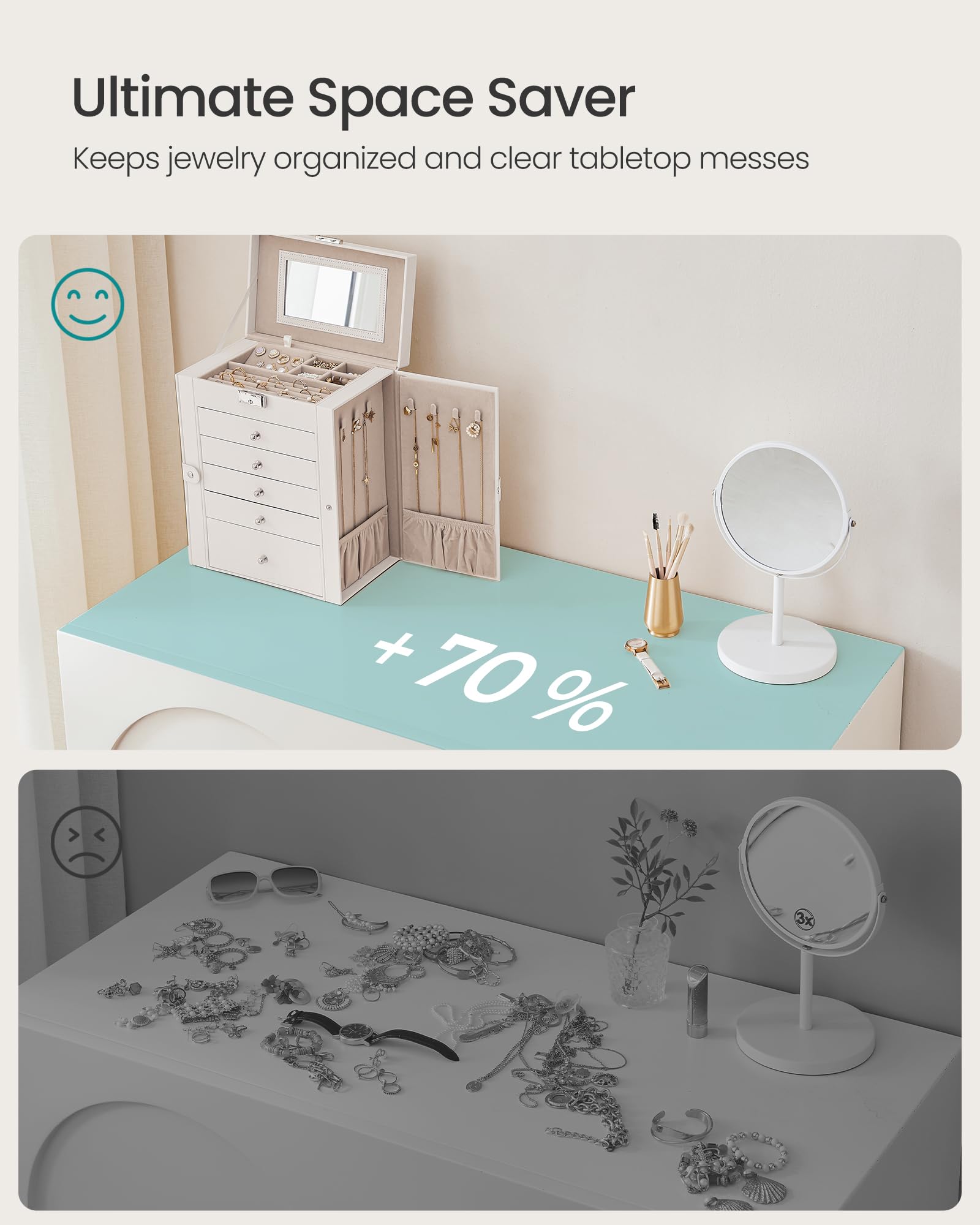 SONGMICS 6-Tier Jewelry Organizer Box with Mirror & Lock - 5 Drawer Large Capacity Watch & Jewelry Storage Case, Perfect Gift for Women - Ideal for Bedroom Vanity, Travel & Wedding Jewelry Organization (White UJBC152W01)