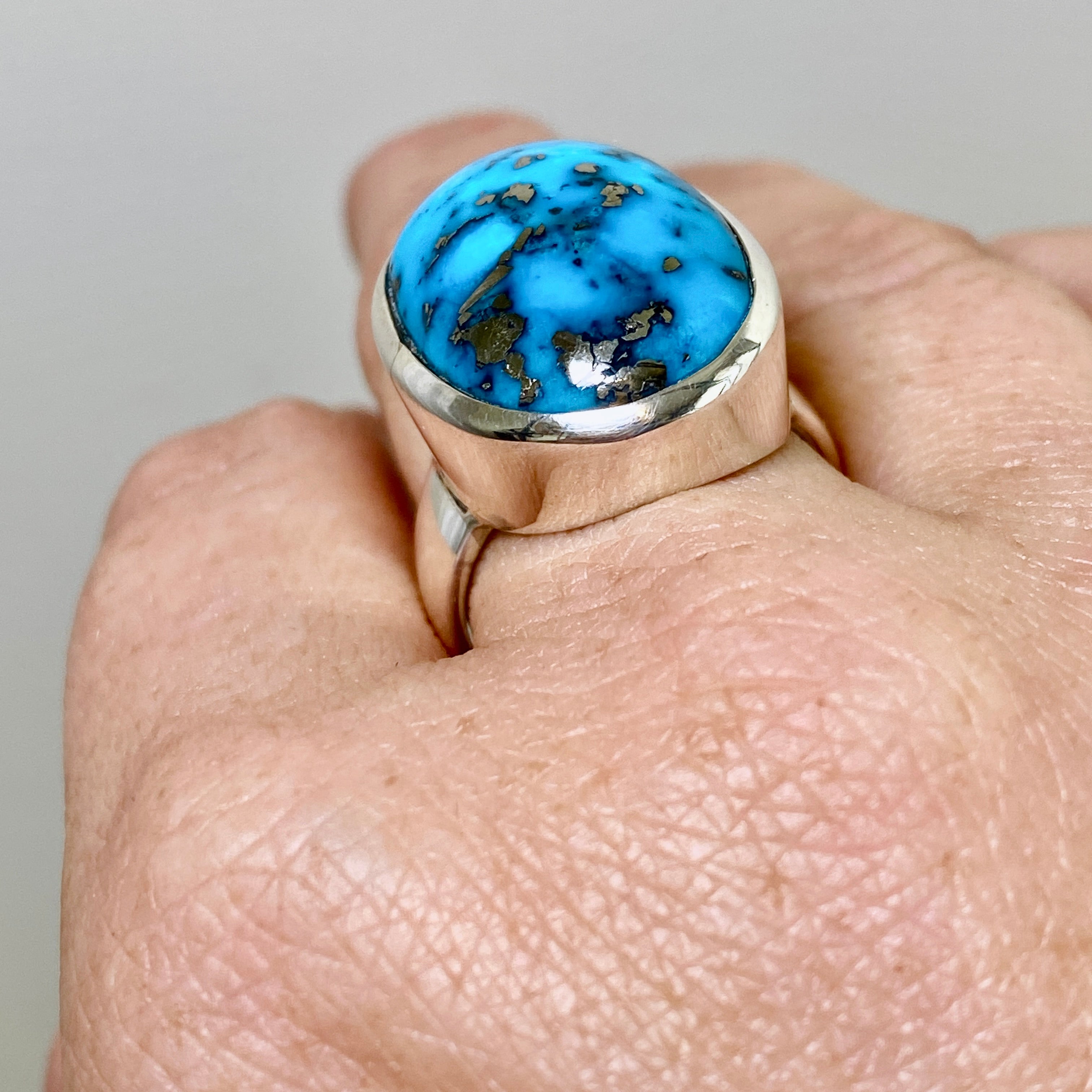 Natural Persian Turquoise with Pyrite Oval Cabochon Ring - Size 10 - Handmade Iranian Gemstone Jewelry for Women - Perfect for Boho, Western & Everyday Fashion