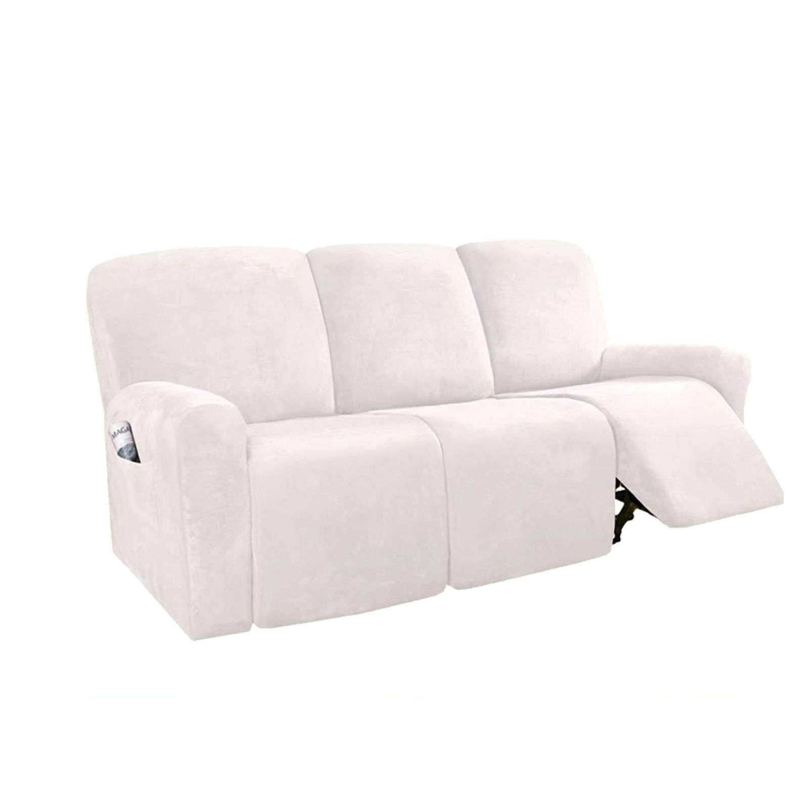 MO&SU Velvet Stretch Recliner Slipcover - 1/2/3/4 Seater Reclining Sofa Cover with Armrest Protection - Soft Furniture Protector (White, 8-Piece Set) for Living Room, Home Theater & Office