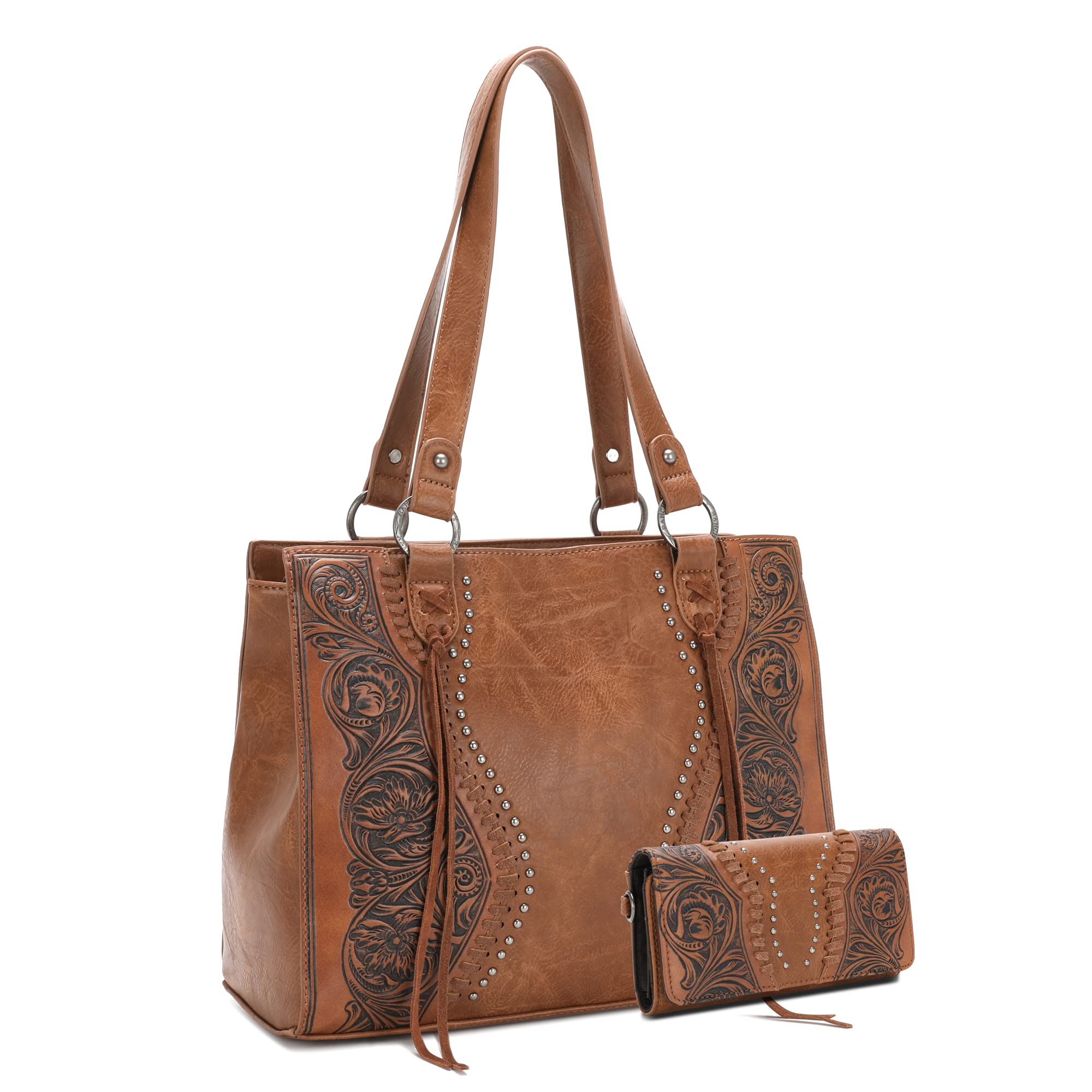 Montana West Western Tote Bag for Women - Floral Tooling Leather Shoulder Handbag with Matching Wallet Set - Vintage Purse for Work, Travel & Everyday Use