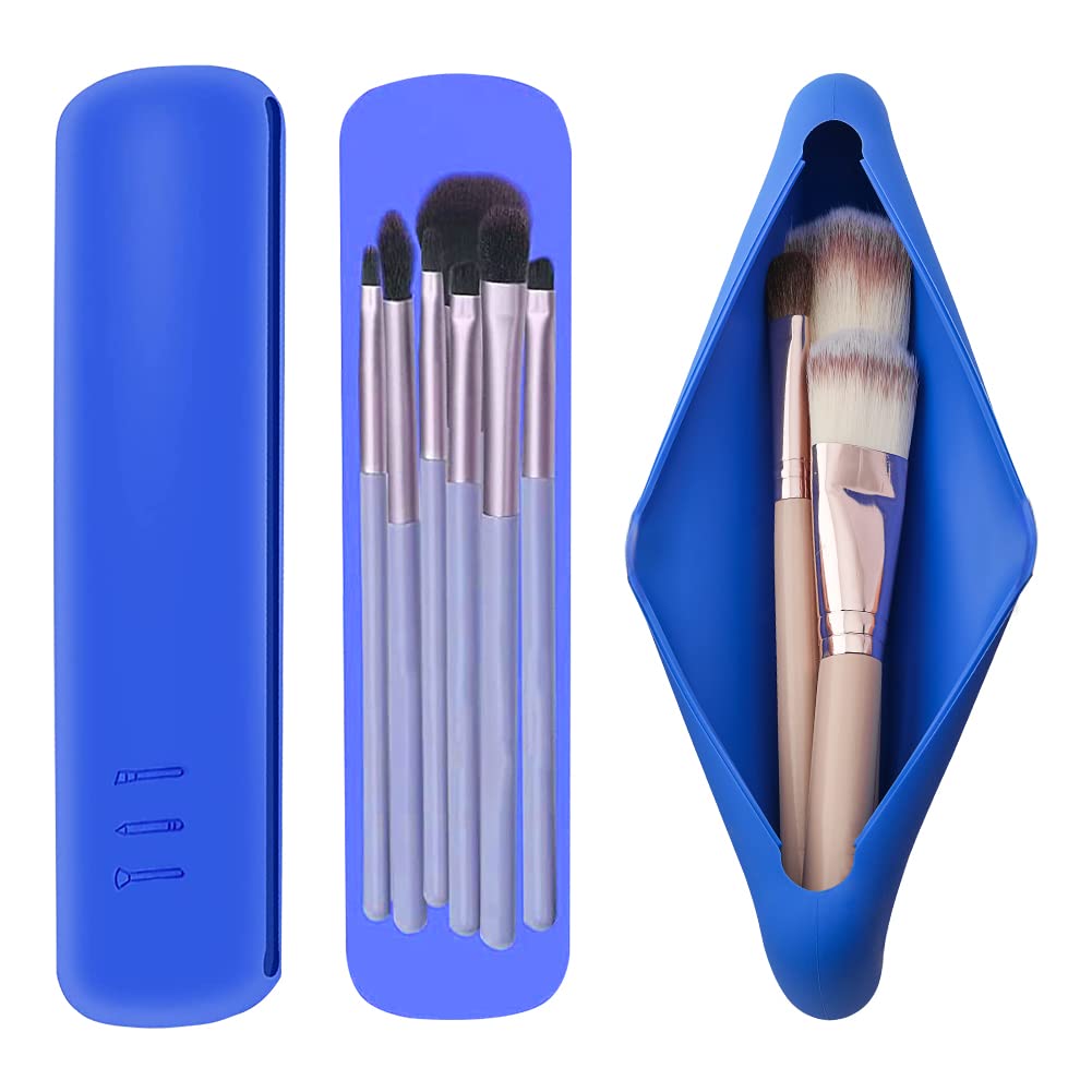 **Silicone Travel Makeup Brush Holder - Reusable Portable Makeup Brush Case with Dustproof Cover, Soft & Sleek Organizer for Brushes (Blue) | Perfect for Travel, Gym, and On-the-Go Makeup Touch-Ups**