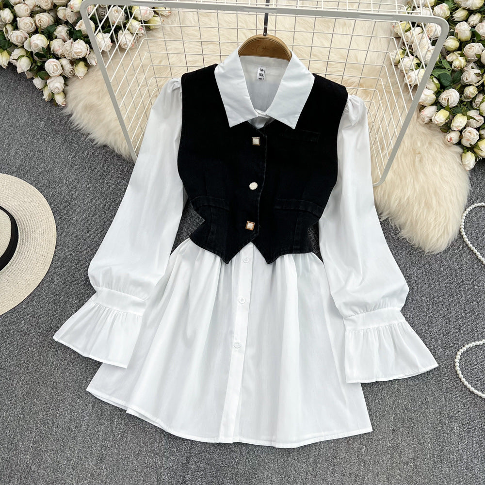 Women's Denim Vest Two-Piece Puff Sleeve A-Line Shirt Dress Set - Casual Long Sleeve Outfit for Spring/Fall, Date Night & Office Wear