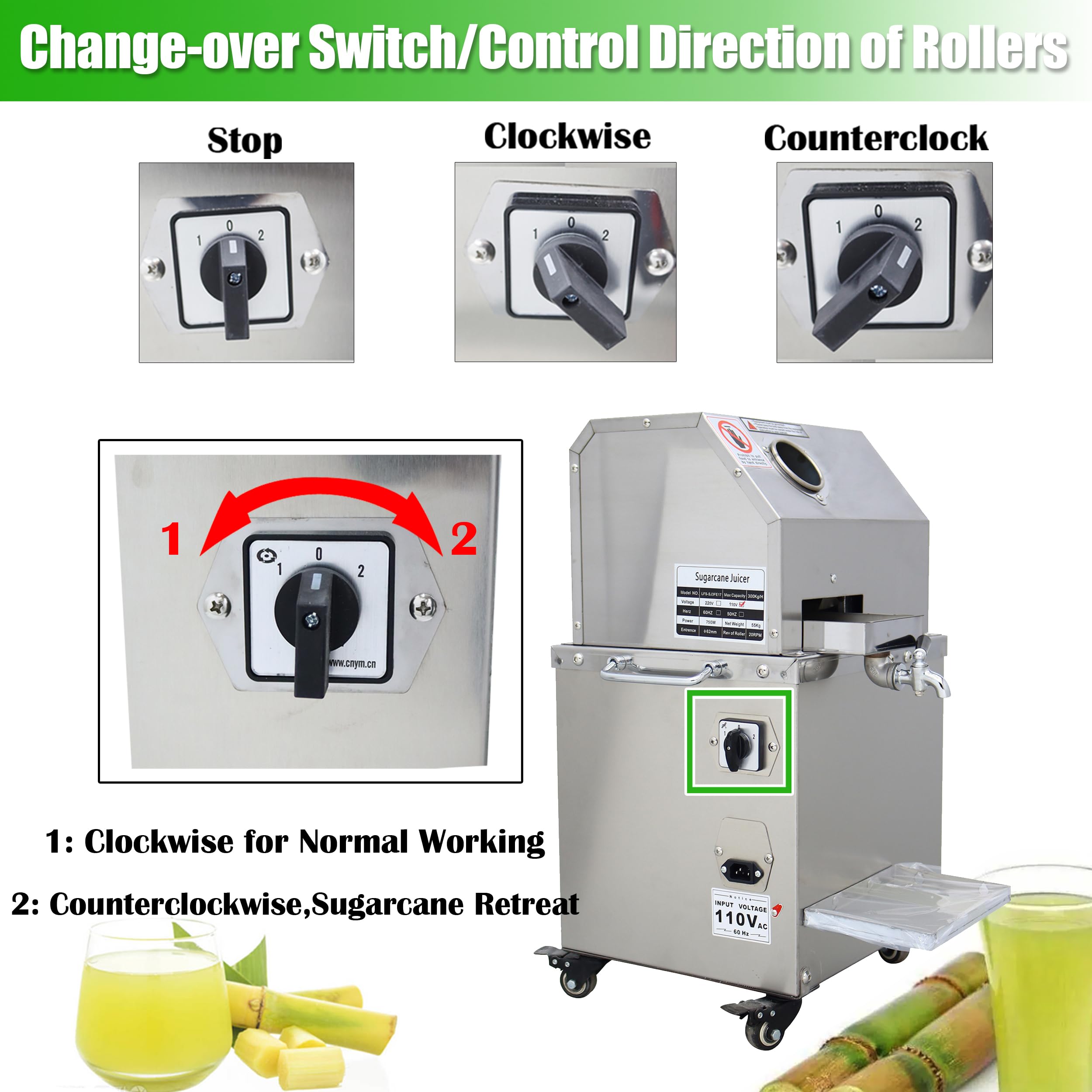 800W Commercial Electric Sugarcane Juicer Machine - 3 Rollers Auto Pressure Adjustment, 660lbs/h High Yield, Vertical Sugar Cane Press Extractor for Juice Bars, Restaurants & Healthy Home Use