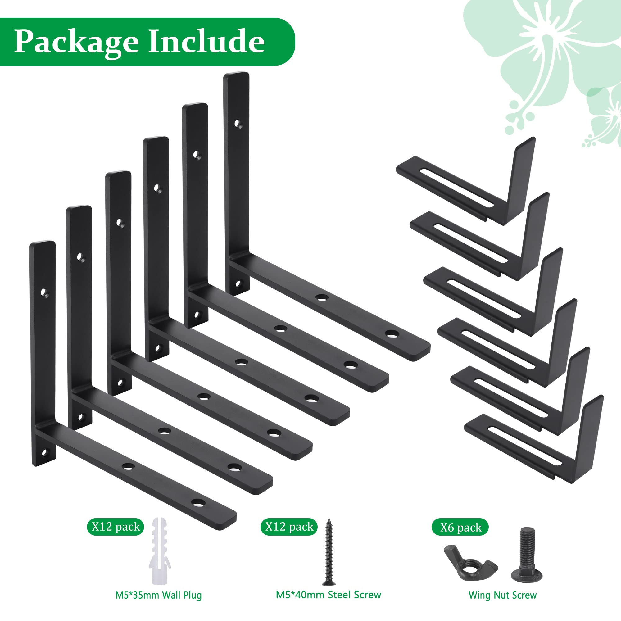 Heavy Duty Adjustable Window Planter Box Brackets 6 Pack - Black Wall Mount Flower Box Holder for 6-12 Inch Depth - Perfect for Balcony, Garden & Outdoor Decor