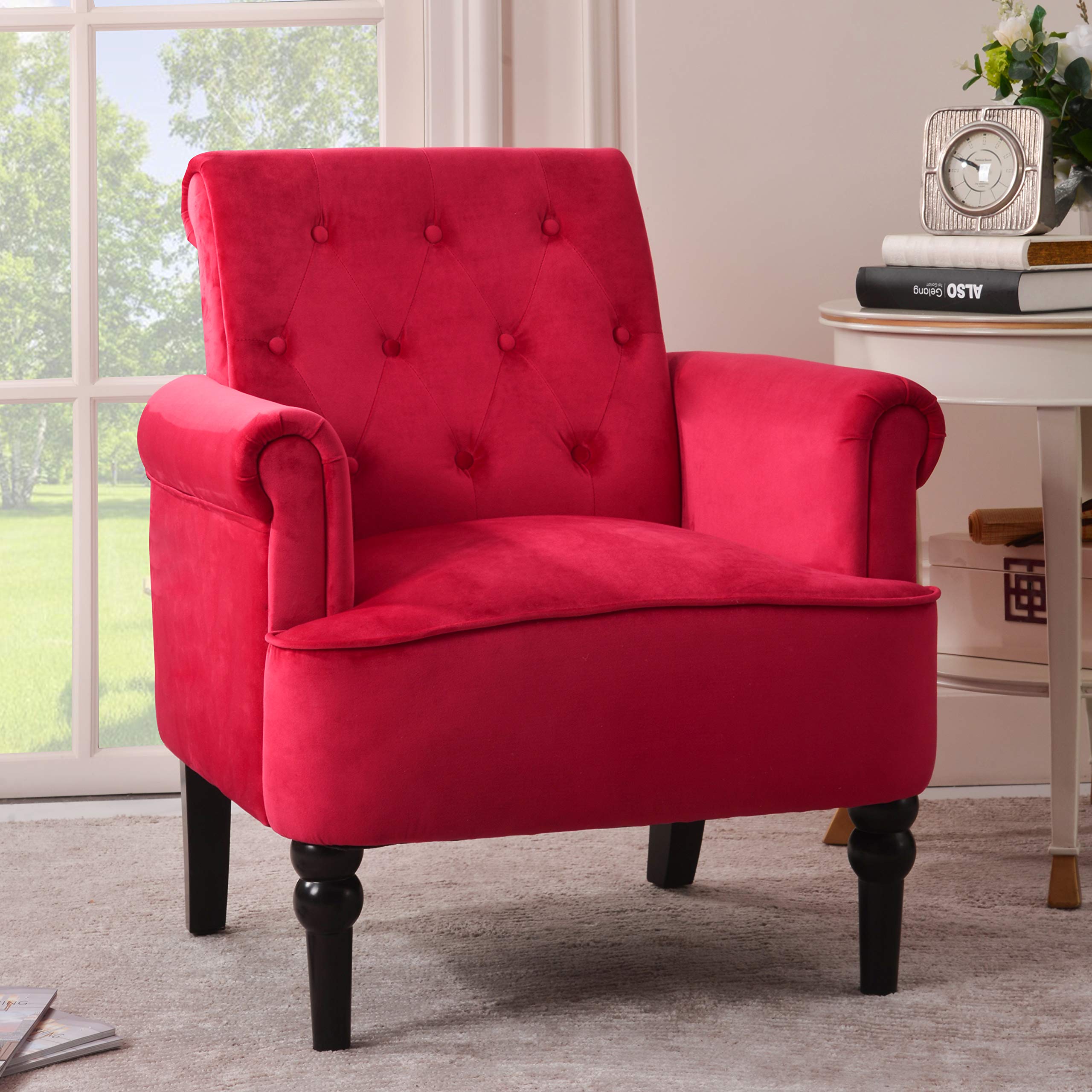 Mid Century Modern Accent Chair with Padded Seat & Button Tufted Design - Velvet Upholstered Armchair for Small Spaces - Perfect for Home Office, Living Room & Bedroom Decor (Deep Burgundy) - Cozy Reading Nook & Conversation Piece