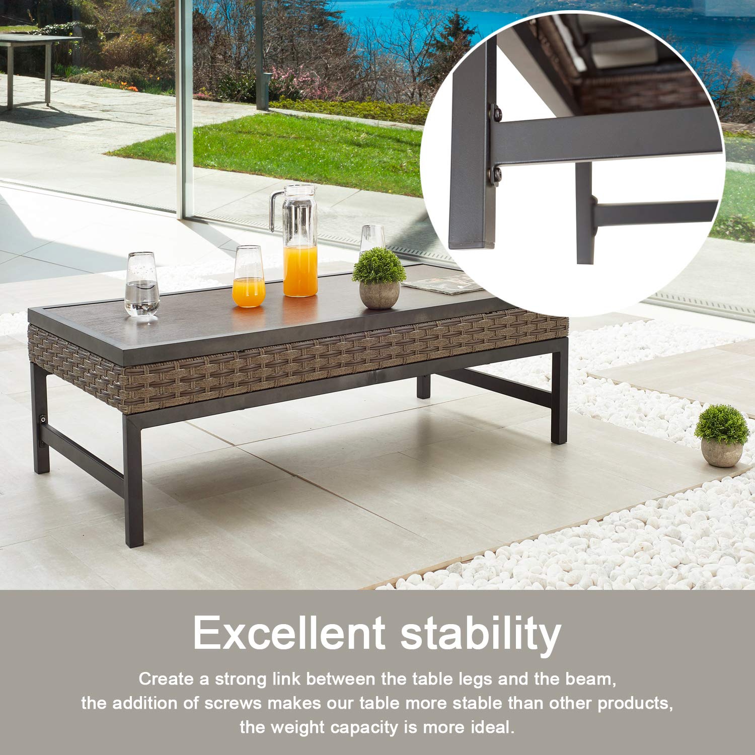 **PE Wicker Coffee Table - Outdoor Brown Metal Rattan End Table for Patio, Garden, Deck & Pool - Weather-Resistant Tea Table Furniture for Relaxing & Entertaining**