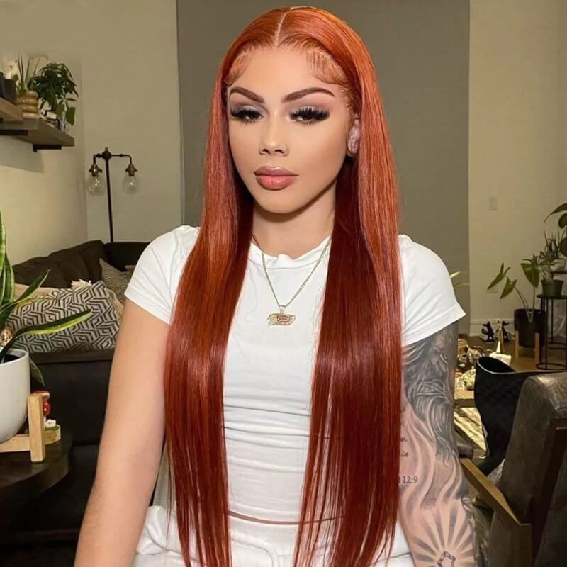 Eullair Copper Brown Glueless Body Wave Lace Frontal Wig - Dark Ginger Straight Human Hair Wig for Women | Natural Look for Autumn & Winter | Daily Wear, Parties, Cosplay