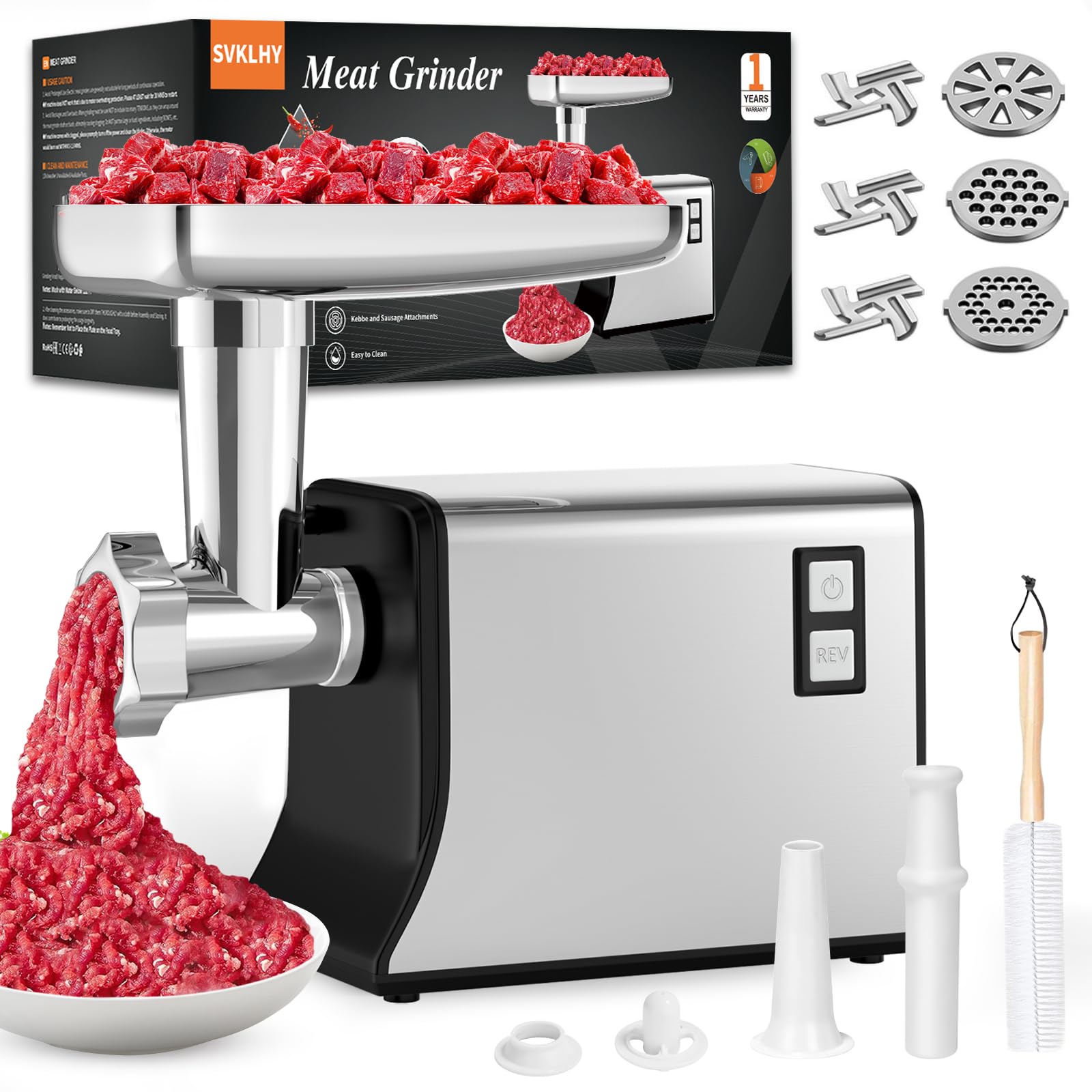 Powerful 3500W Electric Meat Grinder with 6 Stainless Steel Blades & Grinding Plates - Heavy Duty Sausage Stuffer with Kubbe Attachment & Thermal Protection - Perfect for Home Kitchen, Butcher Shop & Commercial Use (Dark Black)