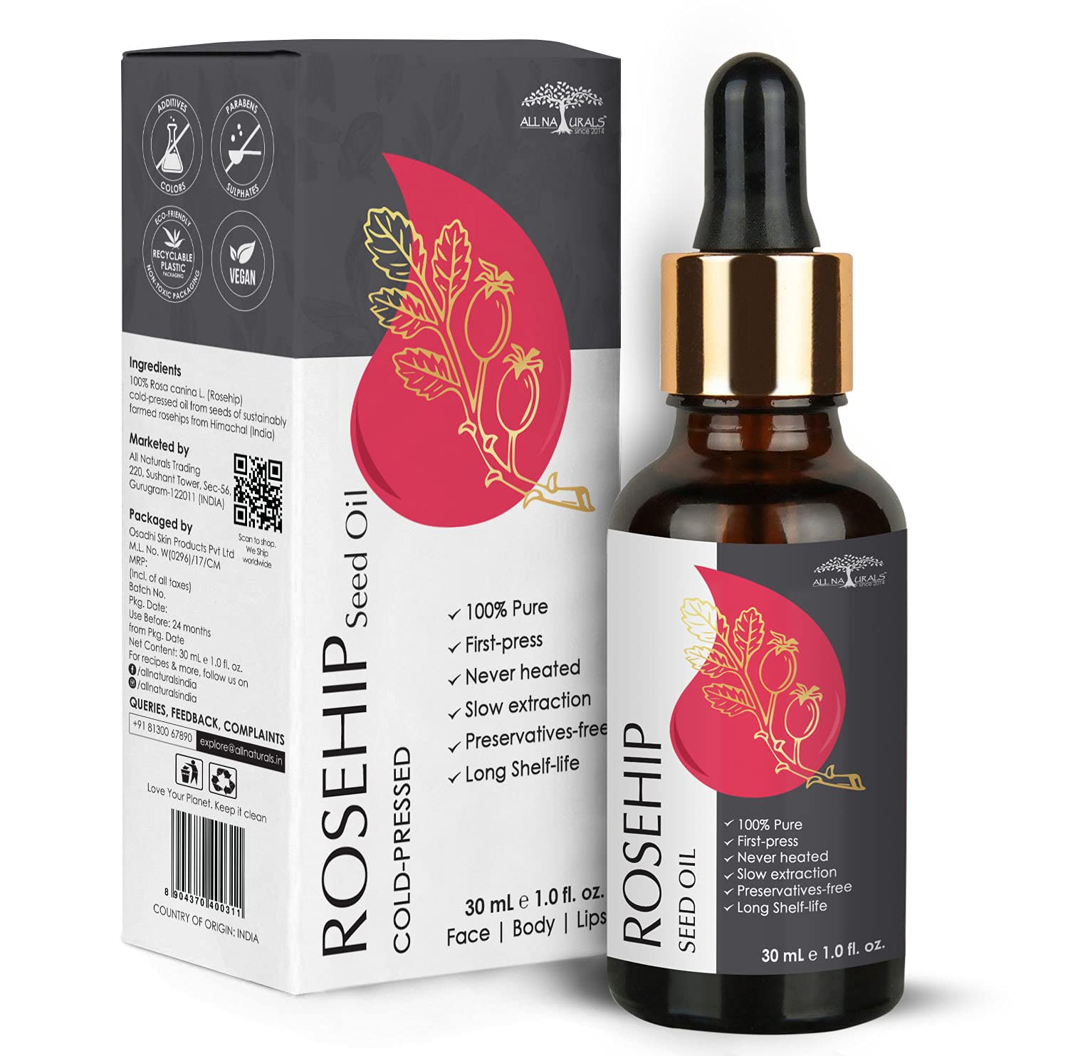 Pure Cold-Pressed Rosehip Seed Oil 30ml - Undiluted & Natural Carrier Oil for Skin Lightening, Pigmentation, Stretch Marks, Acne Scars & Anti-Aging | Hydrates & Rejuvenates Face, Body & Hair | Perfect for DIY Skincare, Massage & Aromatherapy